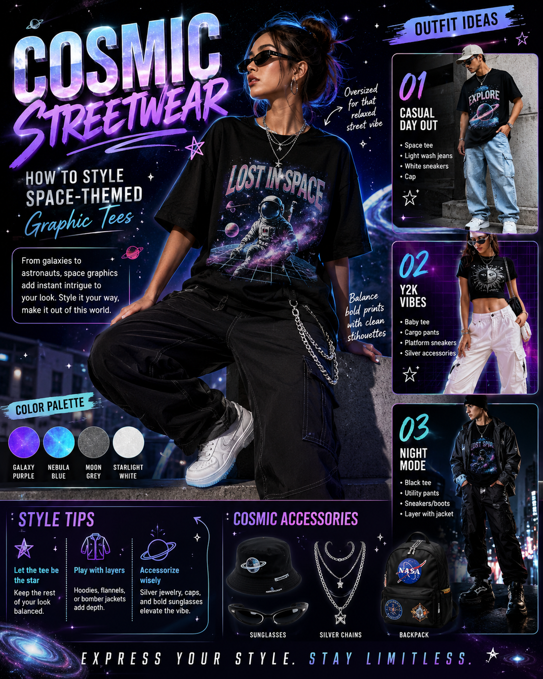 How to style cosmic streetwear — PRB space-themed graphic tees featuring Golden Astronaut and Ascension designs