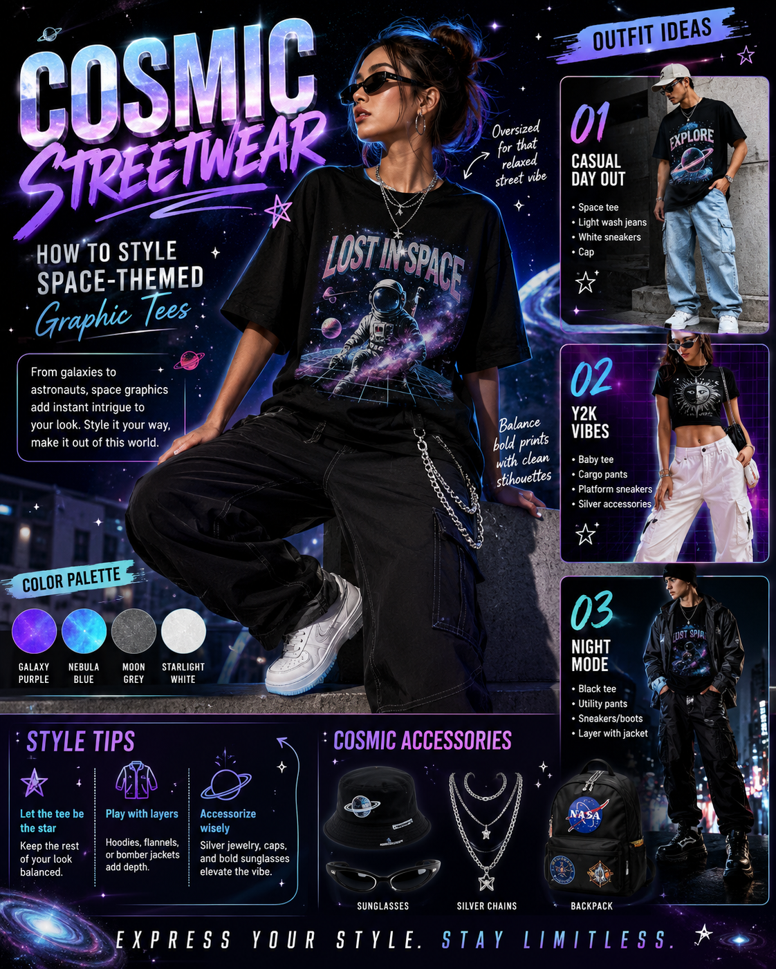 How to style cosmic streetwear — PRB space-themed graphic tees featuring Golden Astronaut and Ascension designs
