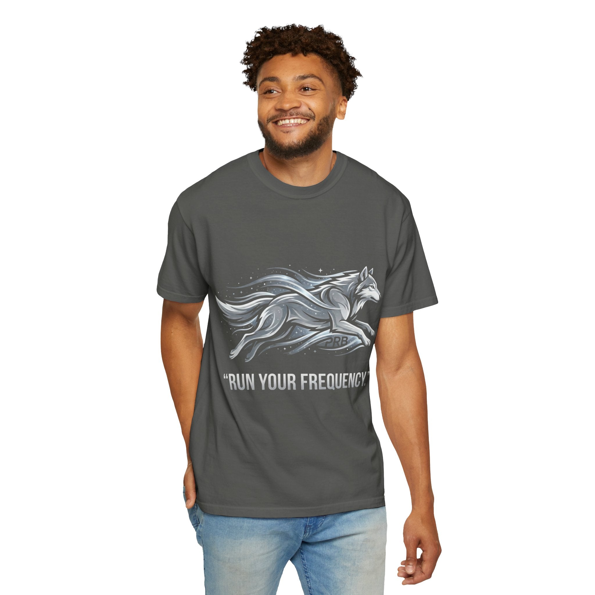 Wolf Graphic T-Shirt — 'Run Your Frequency' Motivational Tee by Printify