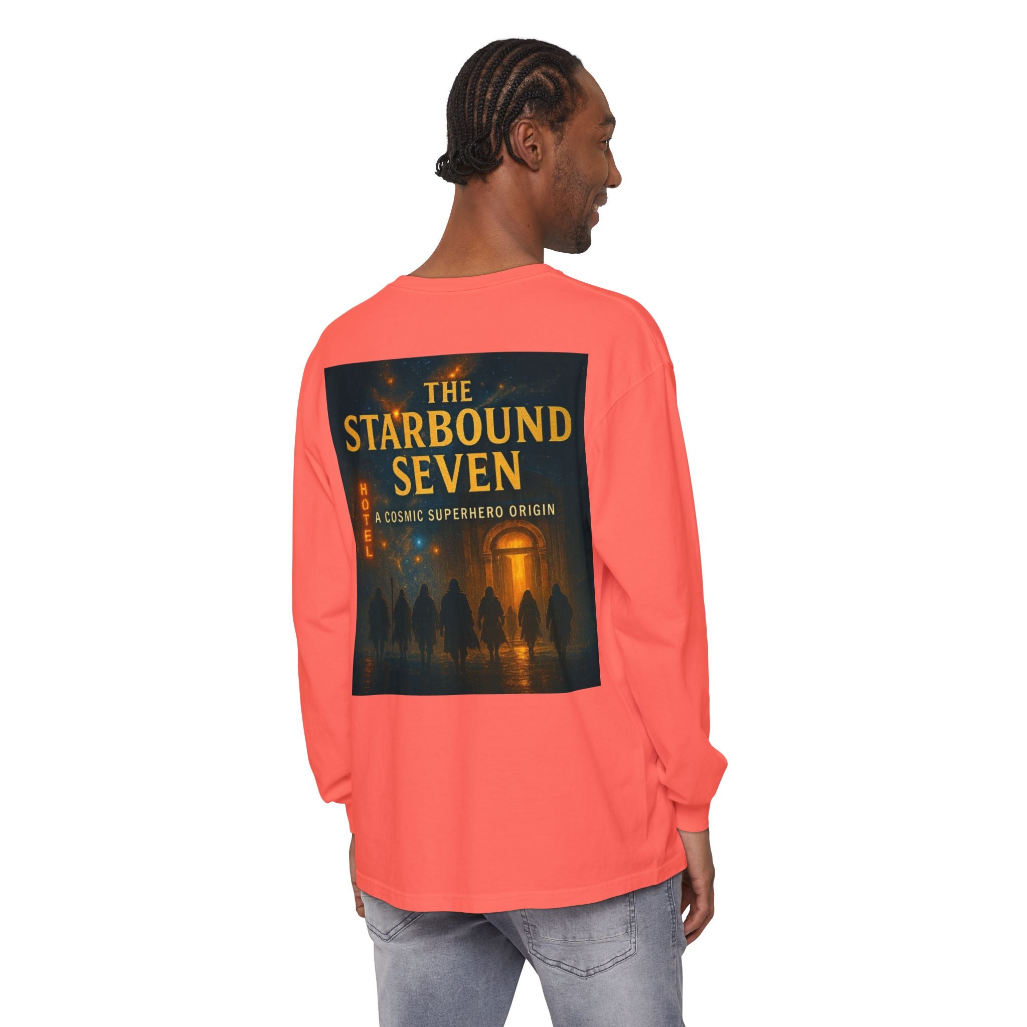 PRB The Starbound Seven graphic long sleeve shirt | cosmic superhero poster by Power Runs Black