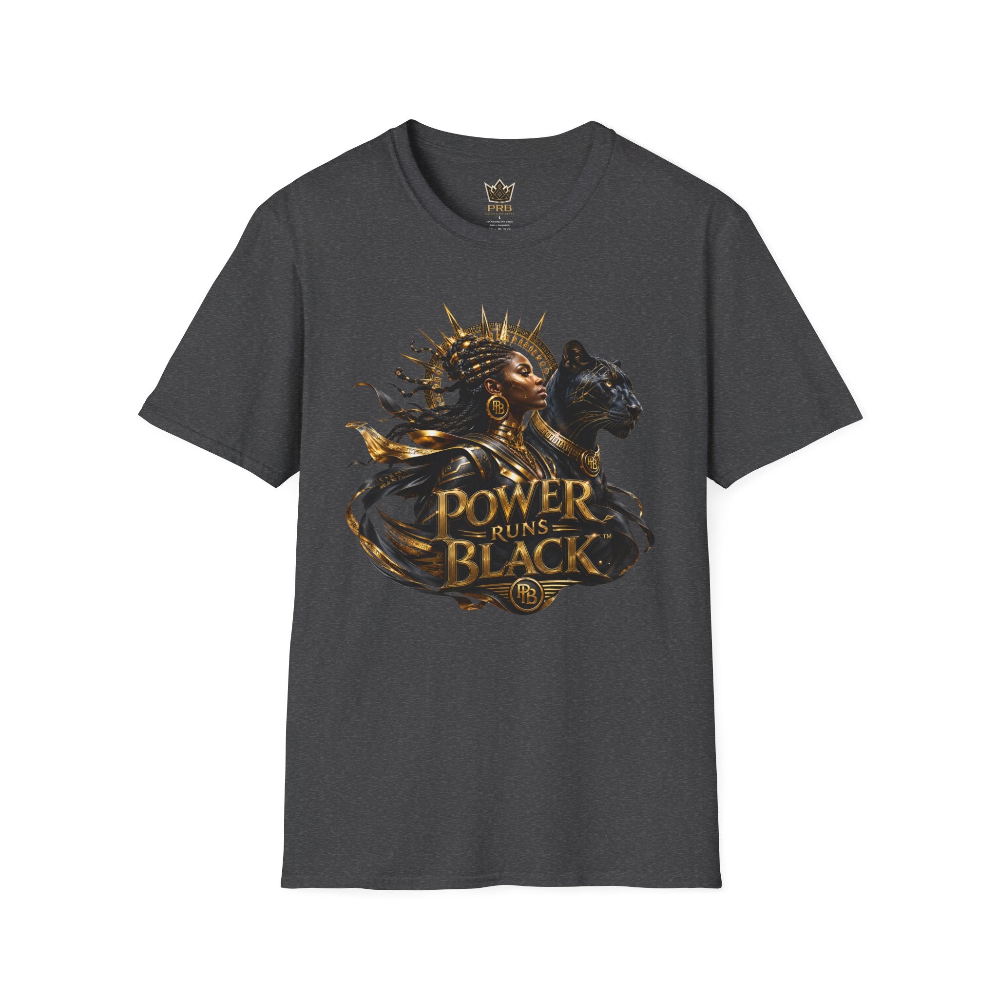 Power Runs Black PRB | Black Woman Portrait, Gold Accents Panther Graphics T by Printify