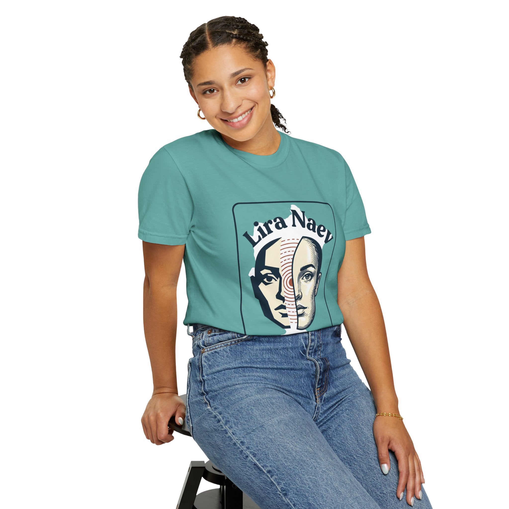 Power Runs Black PRB Lira Naev Split-Face Graphic T-Shirt — “Perception shifts the center” Statement Tee by Printify