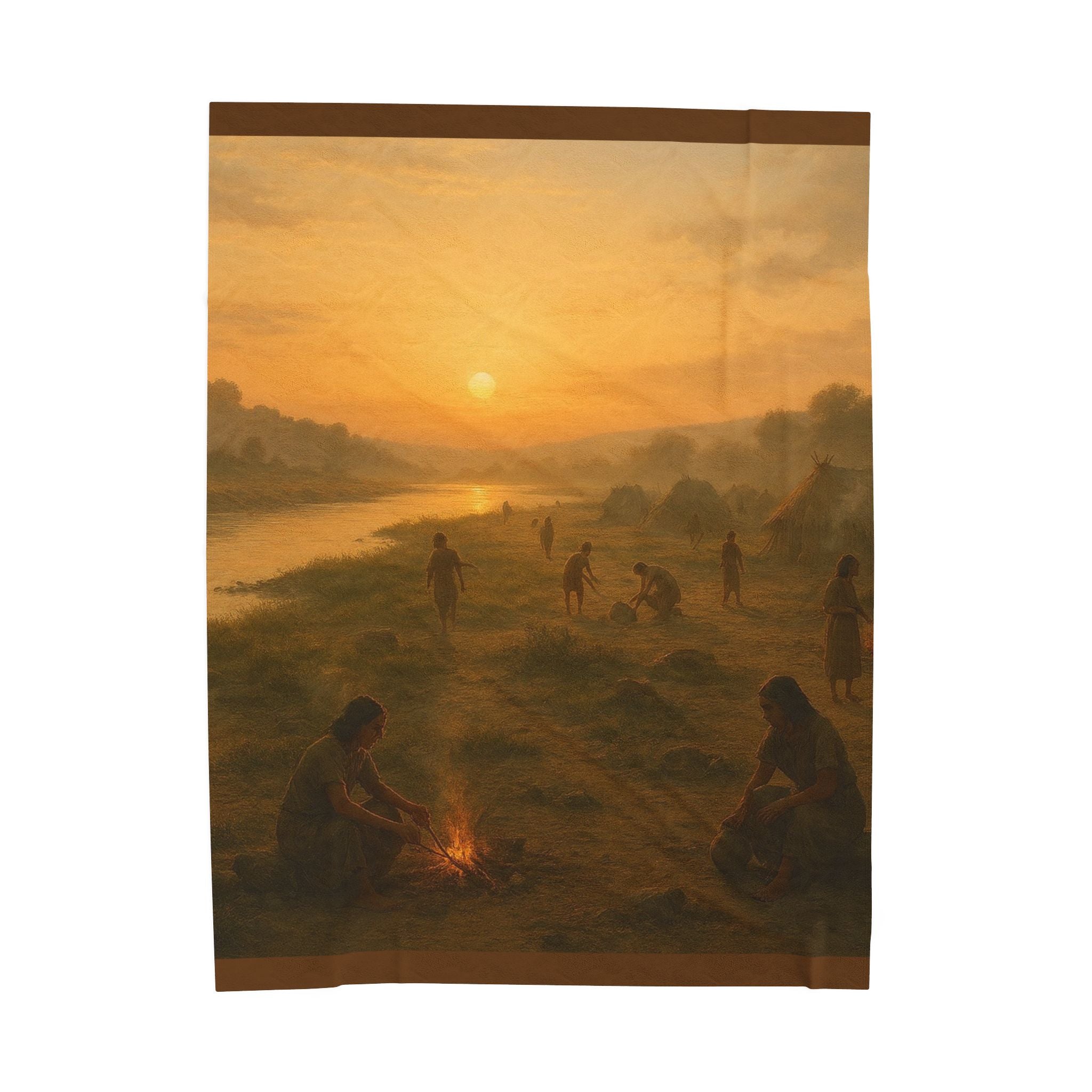 PRB Sunset Campfire Scene Velveteen Plush Blanket | Native Village Landscape by Printify