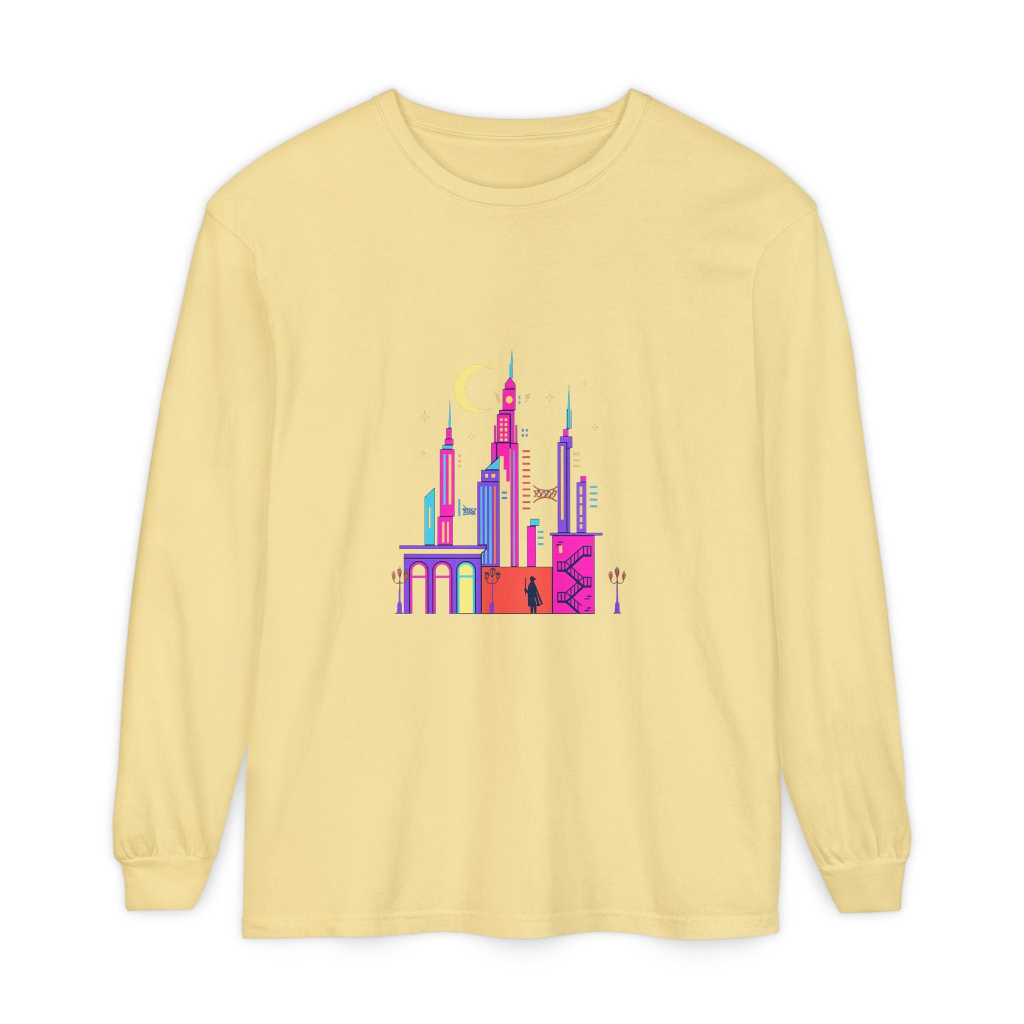 PRB Neon City Skyline Long Sleeve Shirt | Urban Nightscape Illustration by Power Runs Black