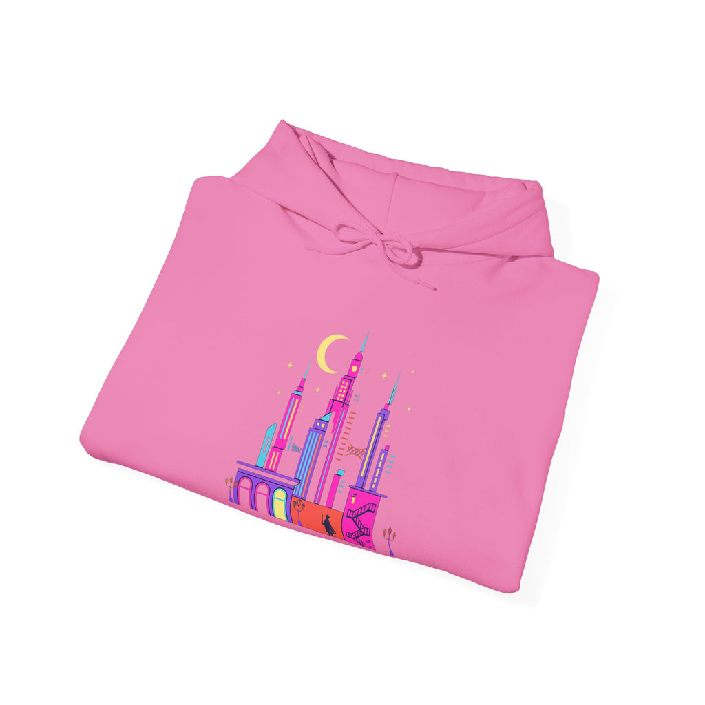 PRB Colorful City Skyline Hoodie – Vibrant Nighttime Urban Graphic by Printify