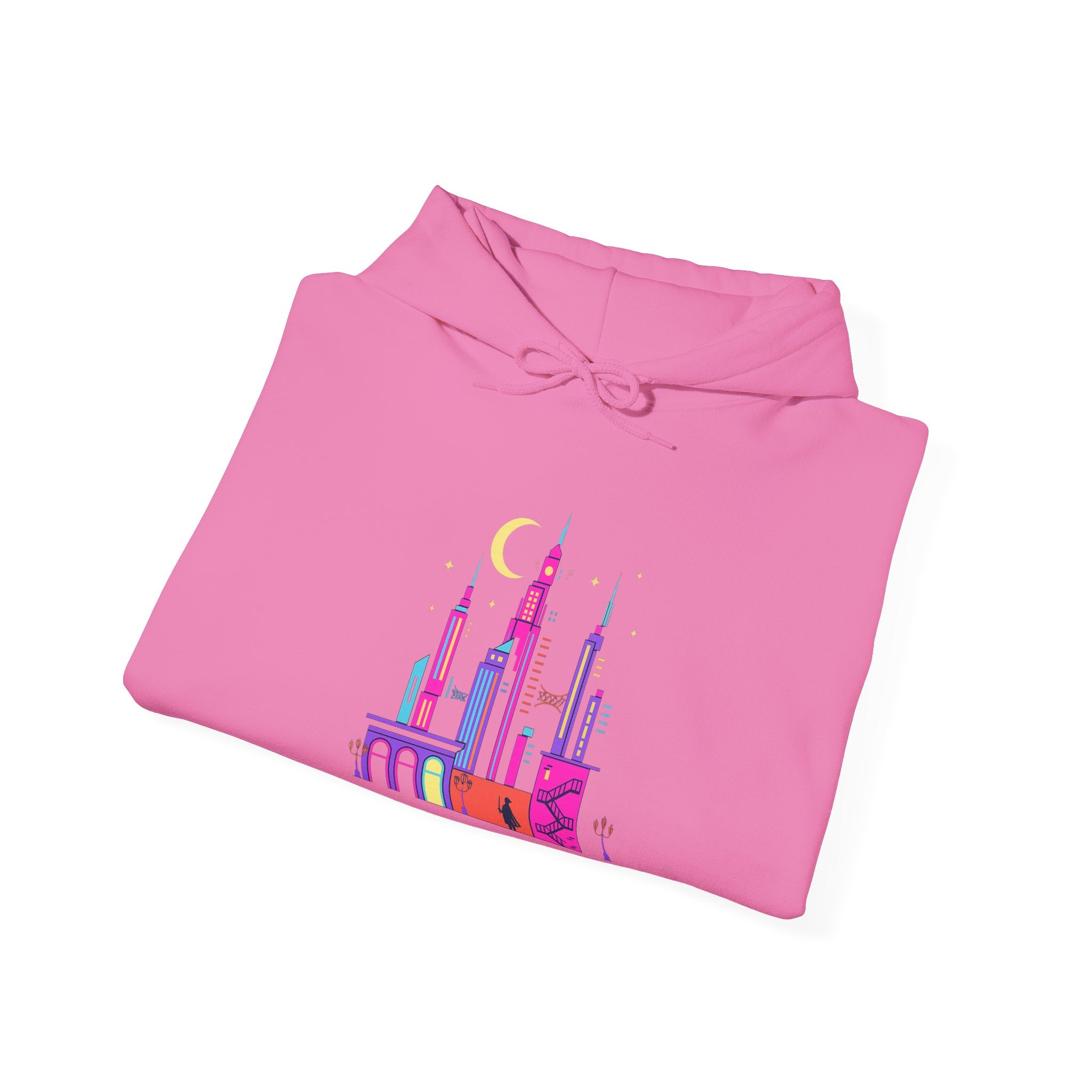 PRB Colorful City Skyline Hoodie – Vibrant Nighttime Urban Graphic by Printify