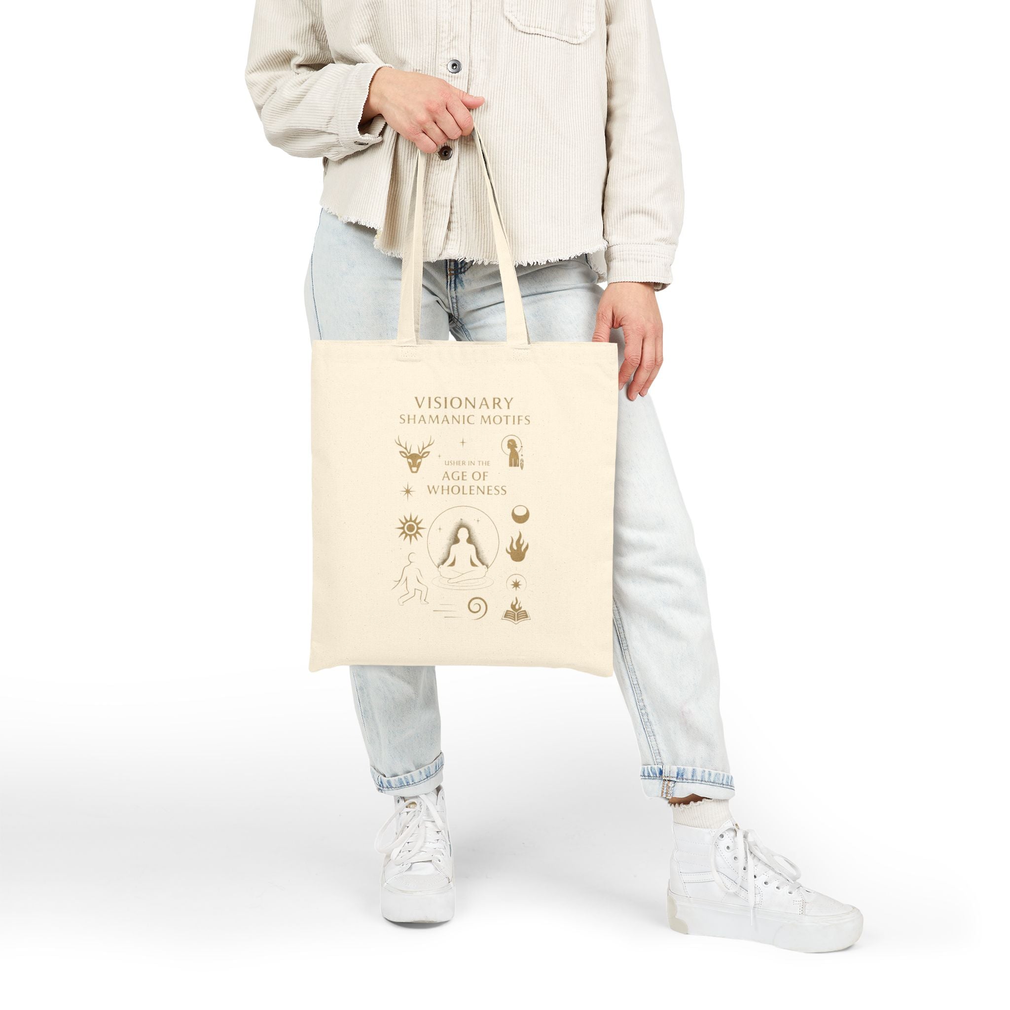 Visionary Shamanic Motifs Canvas Tote Bag — Spiritual Symbols Market Tote by Power Runs Black