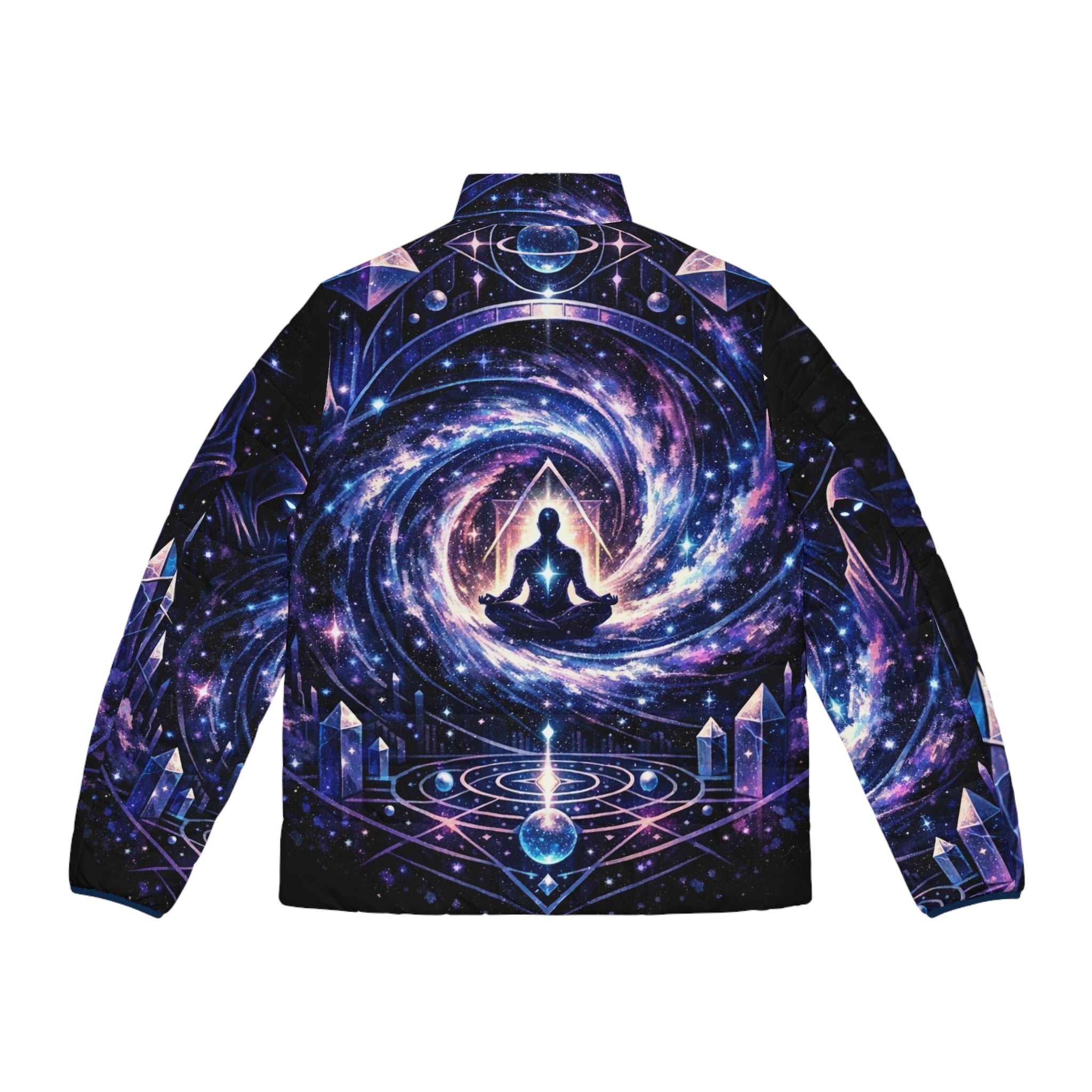 PRB Meditating Astral Galaxy Men's Puffer Jacket | Cosmic Yoga Spiral by Power Runs Black