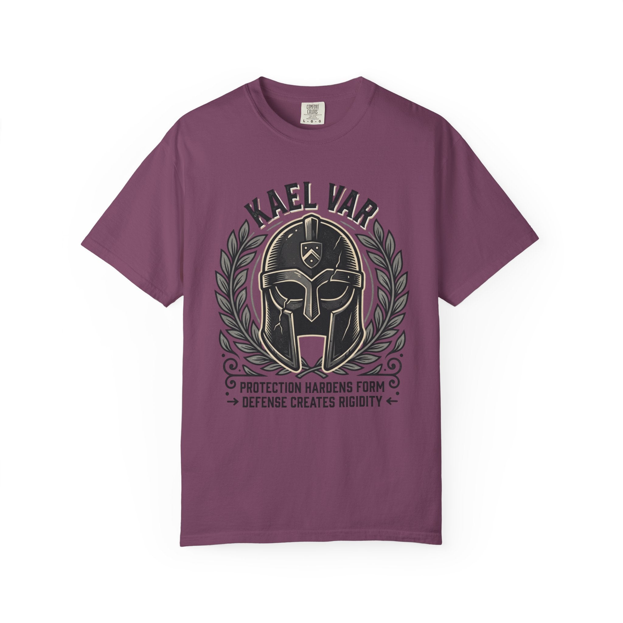 Power Runs Black PRB Kael Var Helmet Graphic T-Shirt — "Protection Hardens Form" Warrior Tee by Printify