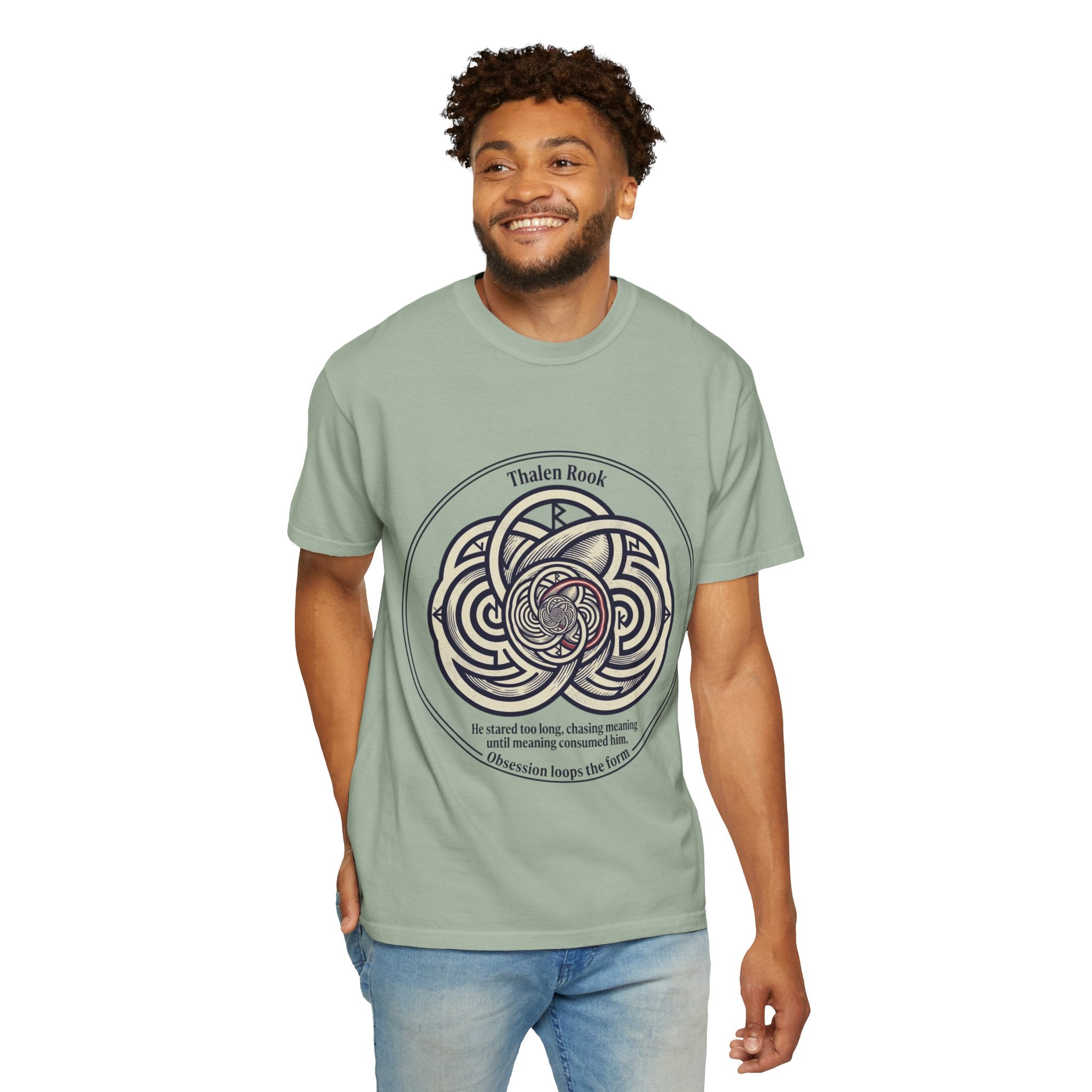 Power Runs Black PRB Thalen Rook Celtic Knot Graphic T-Shirt — "He stared too long..." Quote Tee by Printify