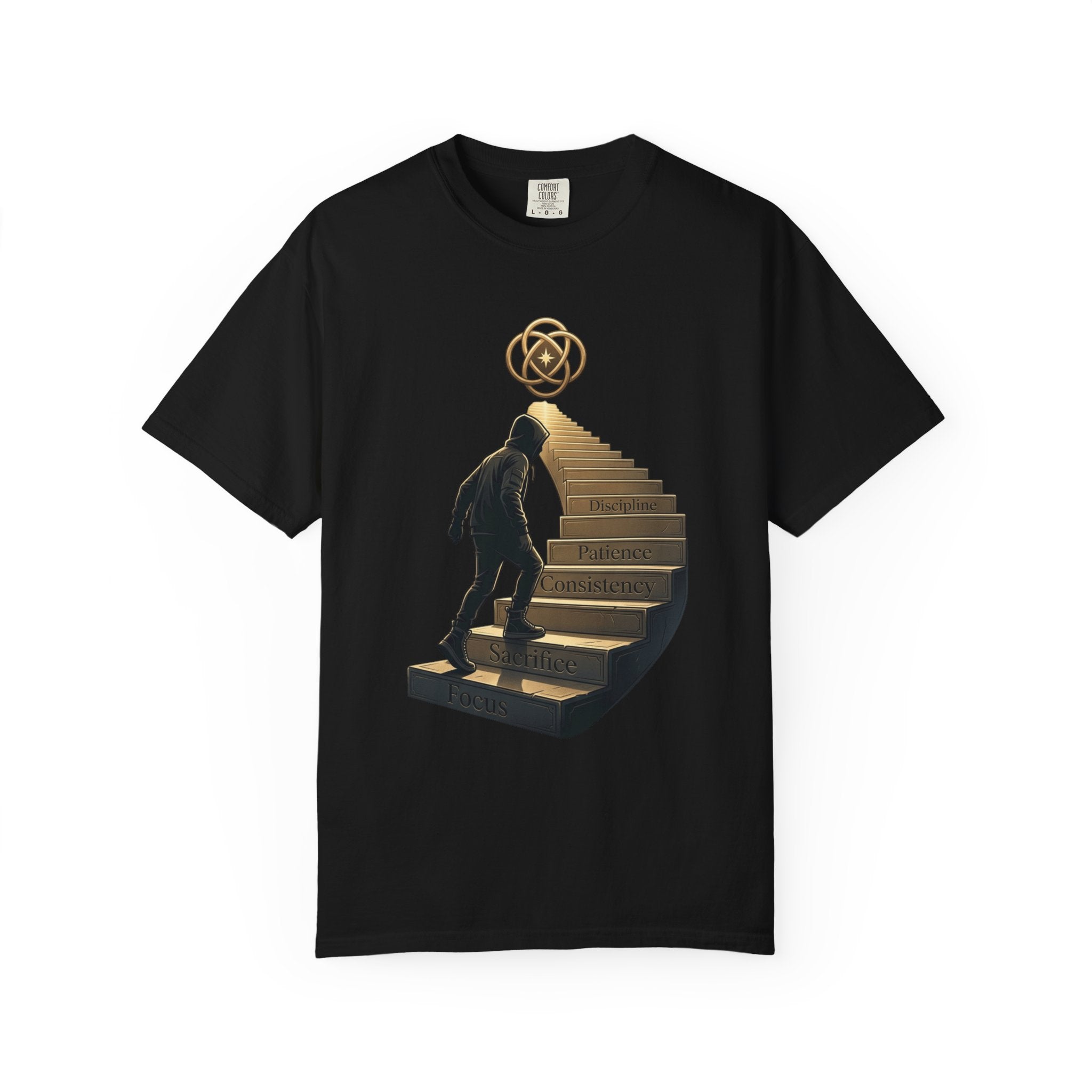 Printify PRB Stairway of Growth T-Shirt | Person Ascending Steps with Symbols - T-Shirt