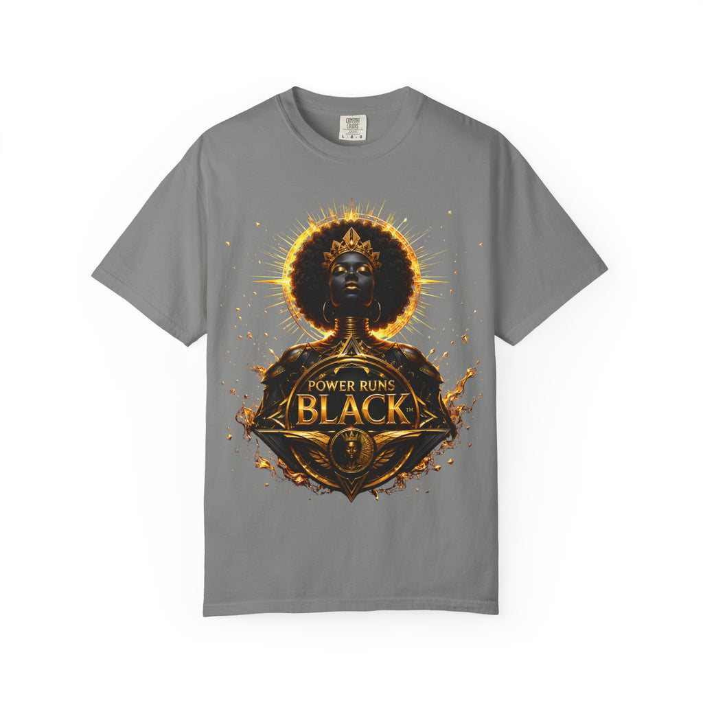 Power Runs Black goddess illustration T-Shirt | Afrocentric black pride design by Power Runs Black