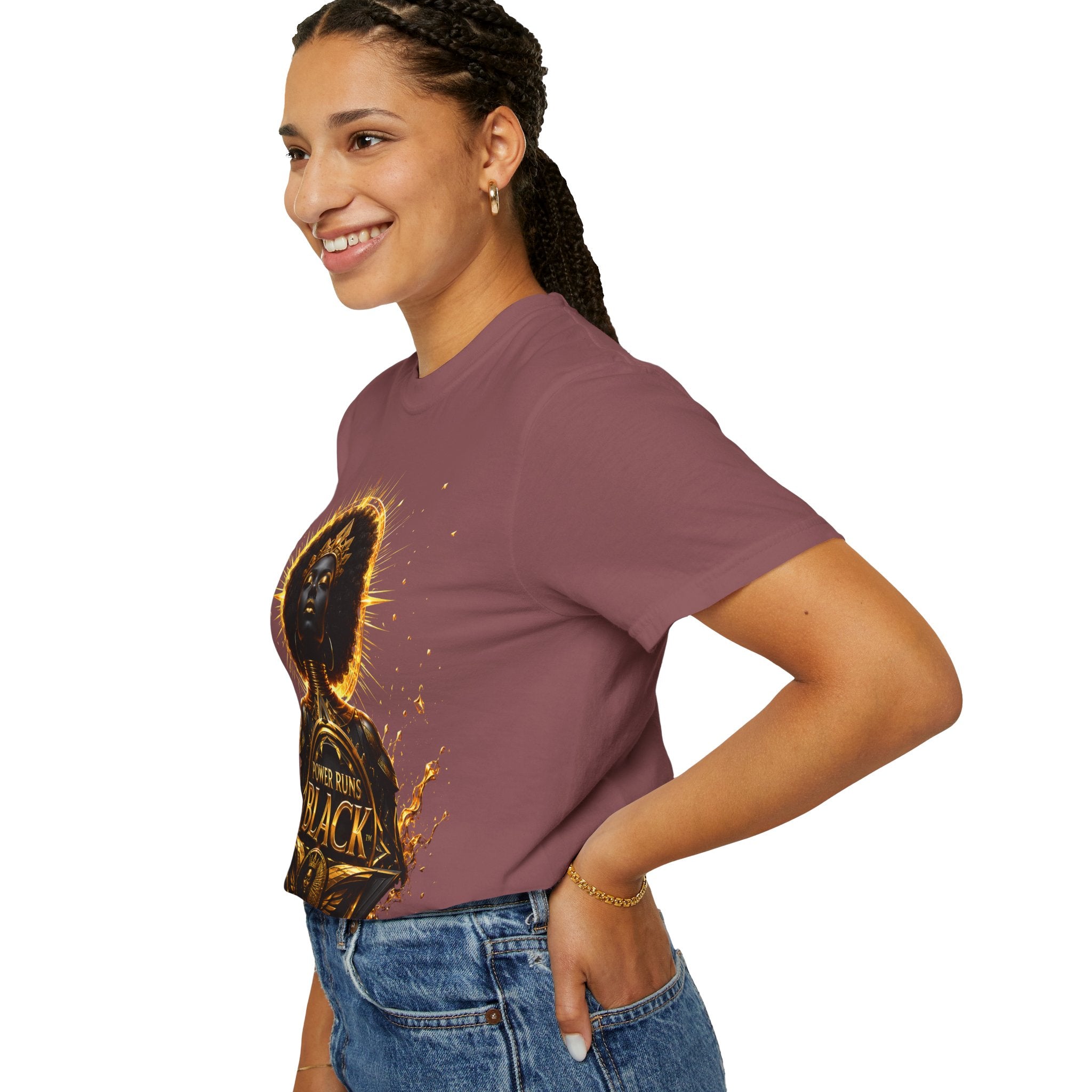 Power Runs Black goddess illustration T-Shirt | Afrocentric black pride design by Power Runs Black
