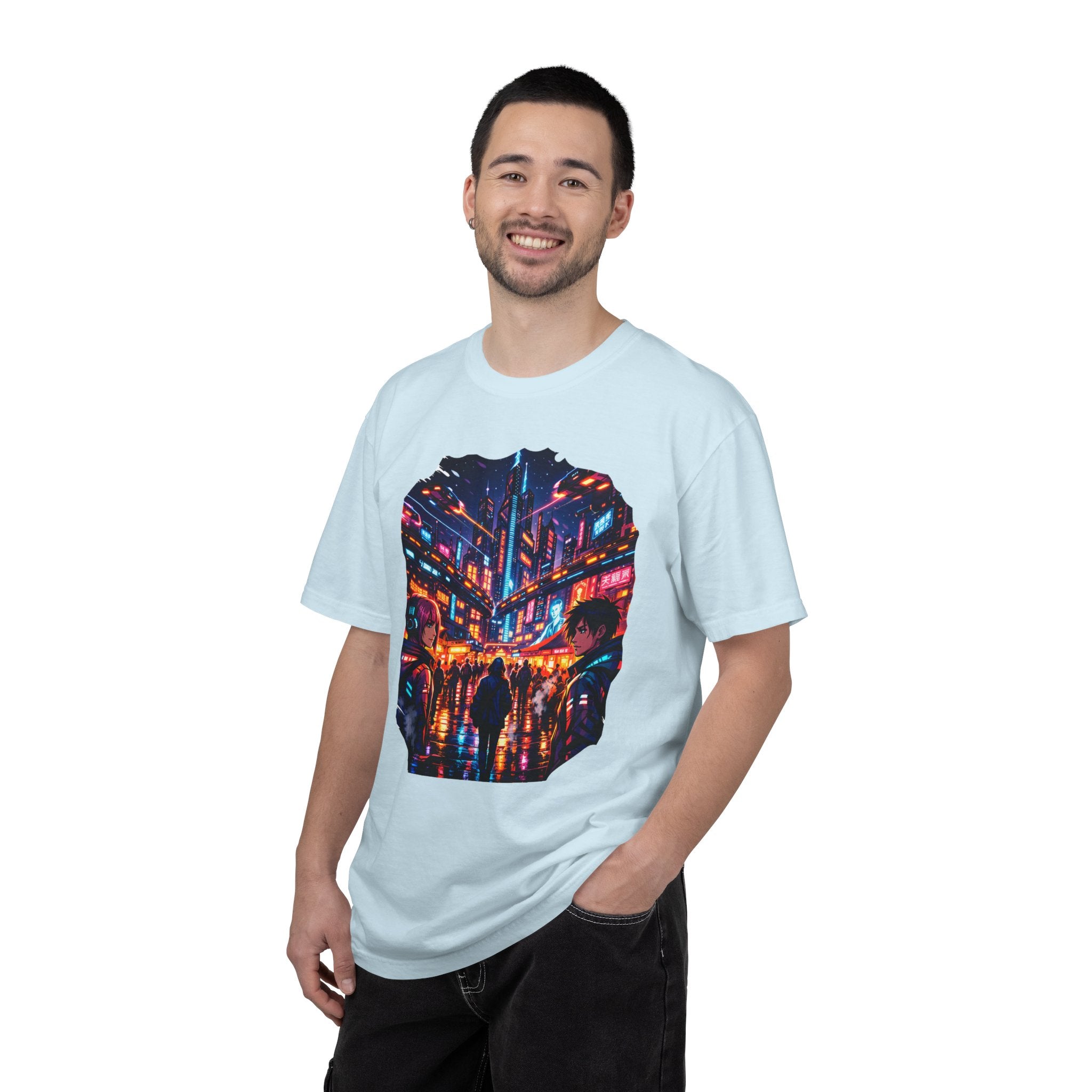 PRB Neon Cyberpunk Cityscape T-shirt | Anime Night Rain Streets by Power Runs Black