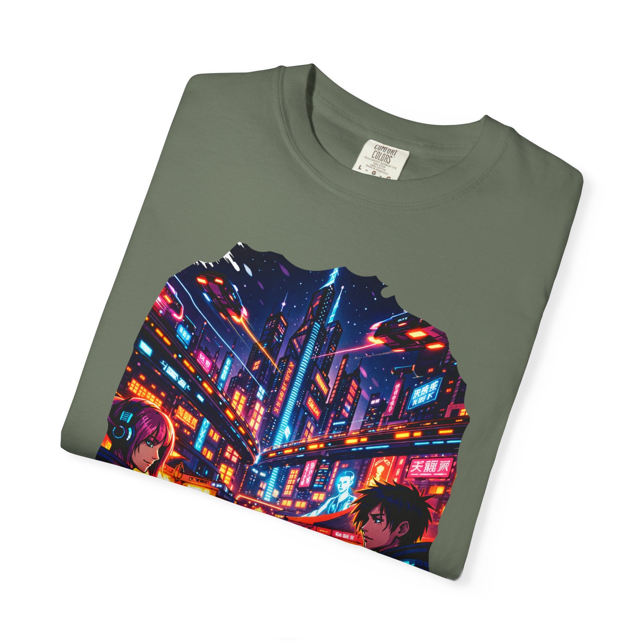 PRB Neon Cyberpunk Cityscape T-shirt | Anime Night Rain Streets by Power Runs Black