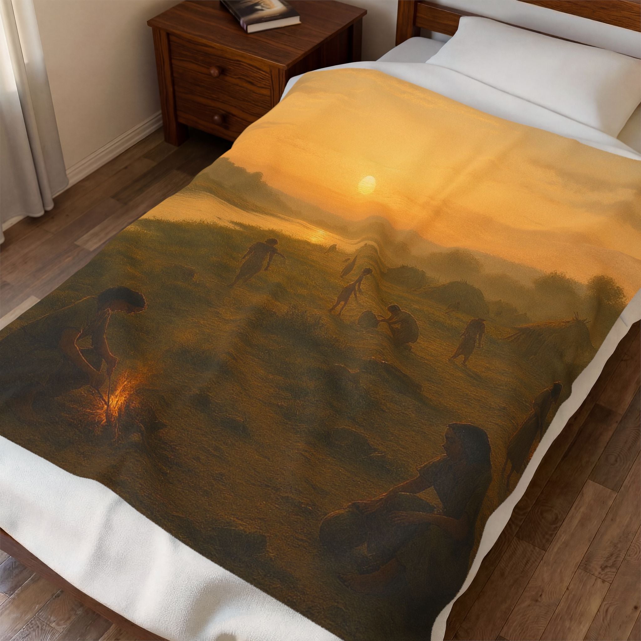 PRB Sunset Campfire Scene Velveteen Plush Blanket | Native Village Landscape by Power Runs Black