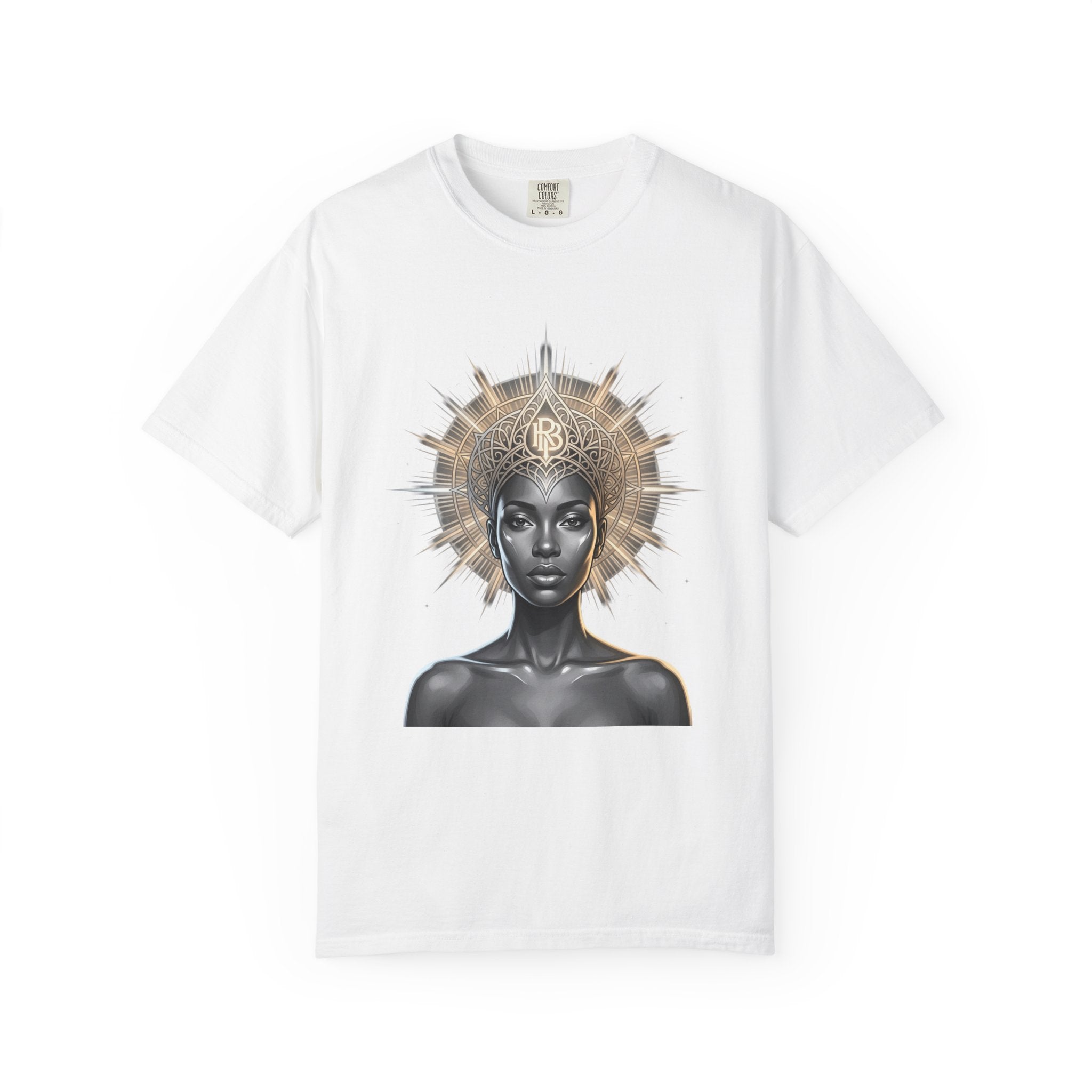 Printify PRB Goddess Halo T‑Shirt — Black Goddess Portrait with Ornate Gold Headdress - T-Shirt