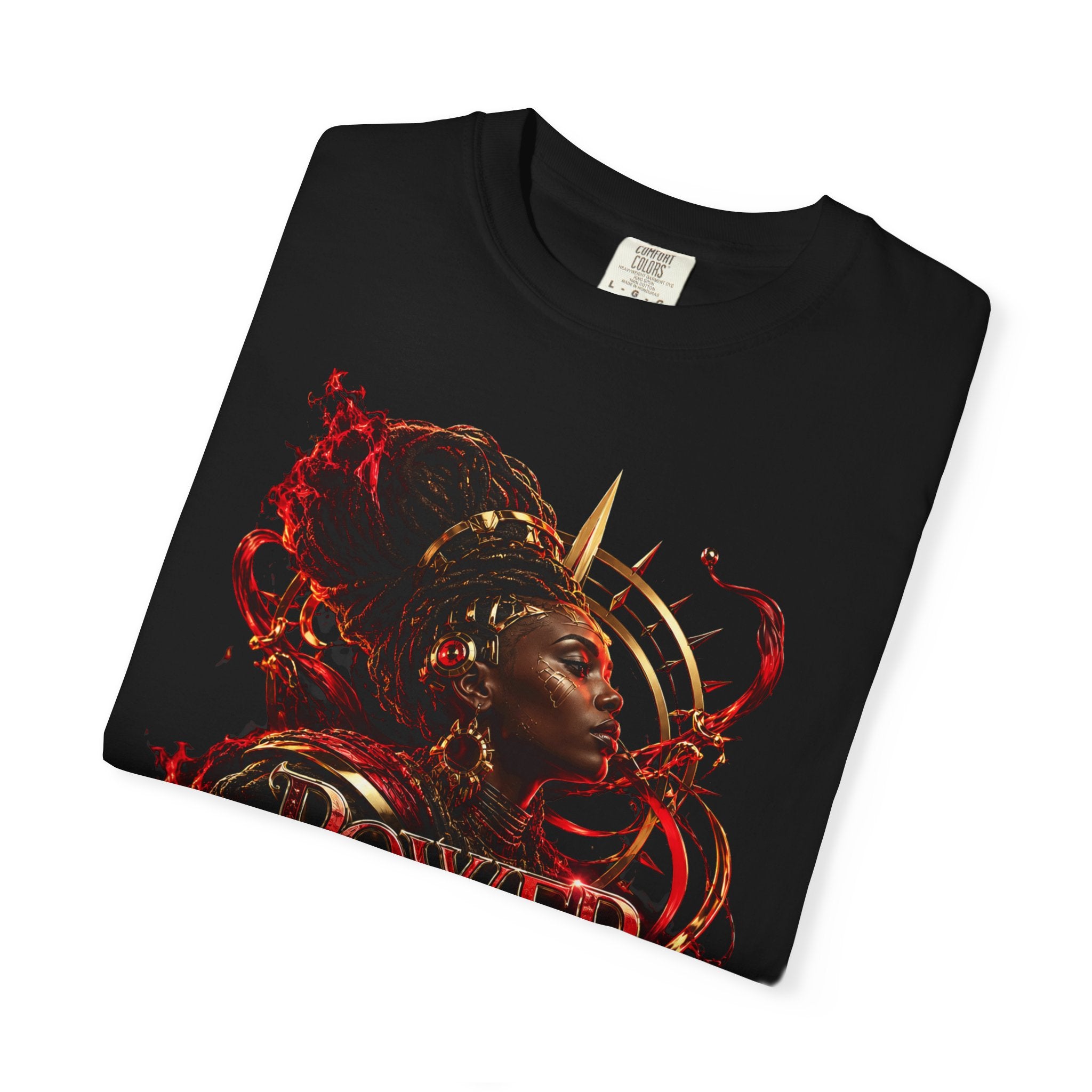 Power Runs Black T-Shirt — Afrocentric Crowned Goddess Graphic Tee by Printify