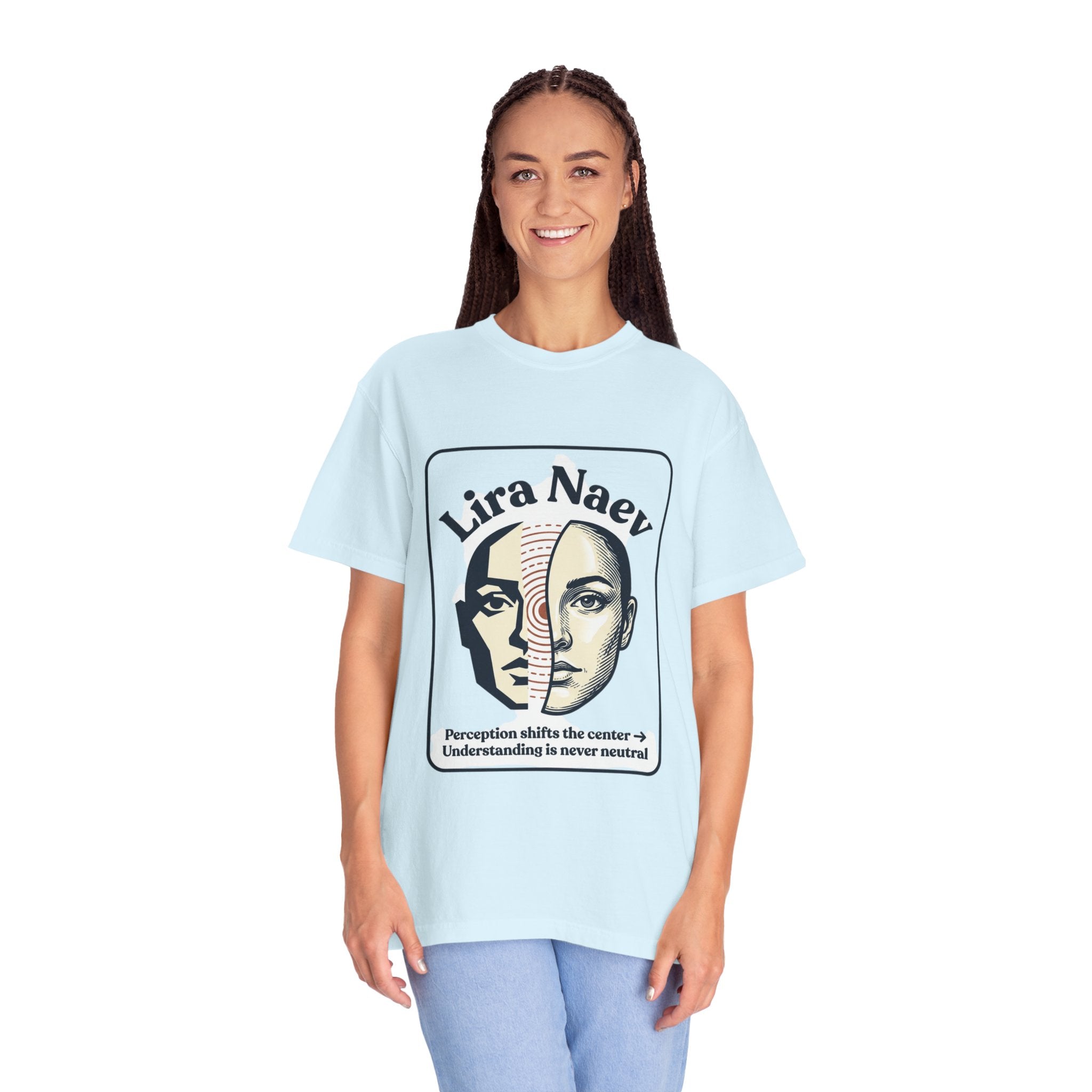 Power Runs Black PRB Lira Naev Split-Face Graphic T-Shirt — “Perception shifts the center” Statement Tee by Printify