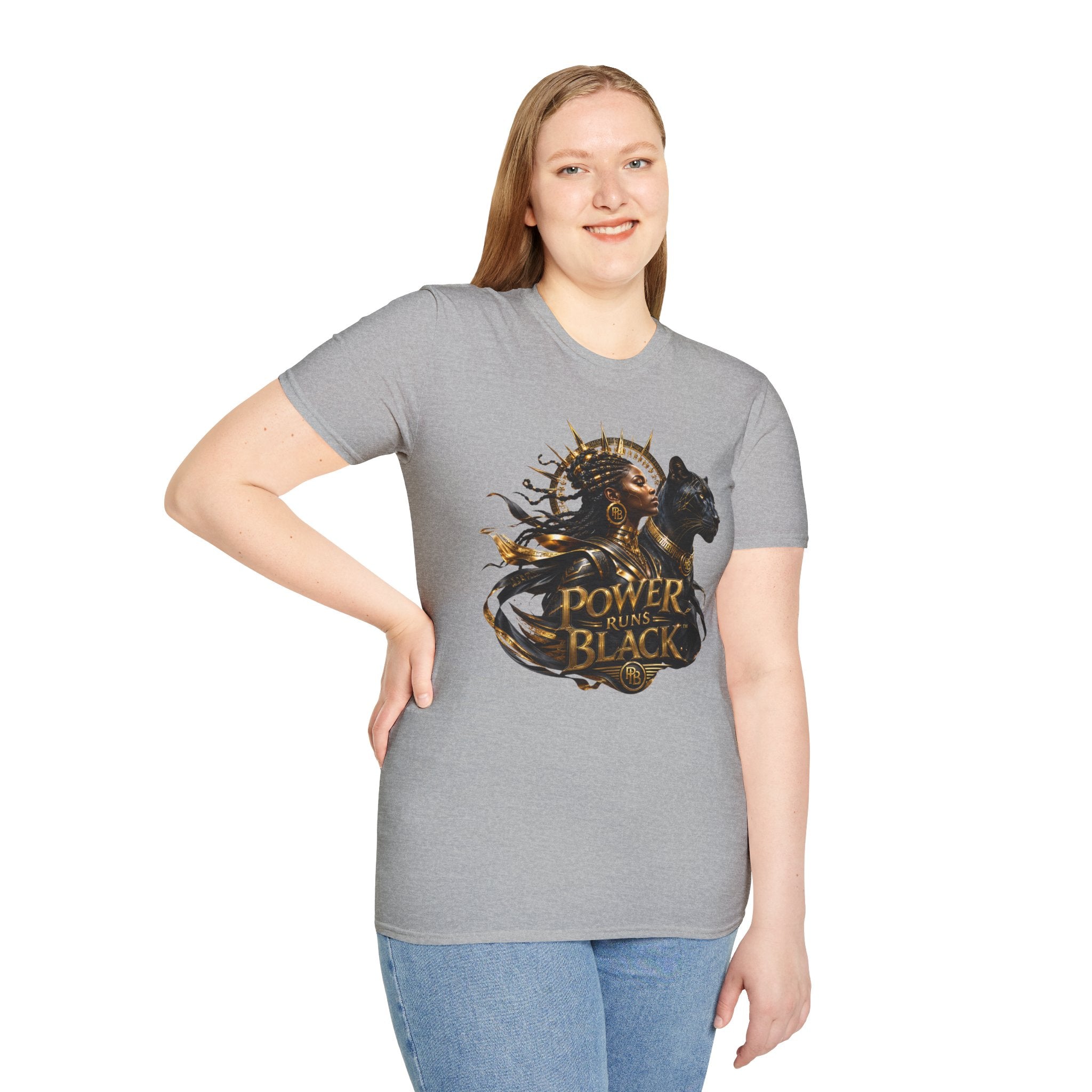 Power Runs Black PRB | Black Woman Portrait, Gold Accents Panther Graphics T by Printify