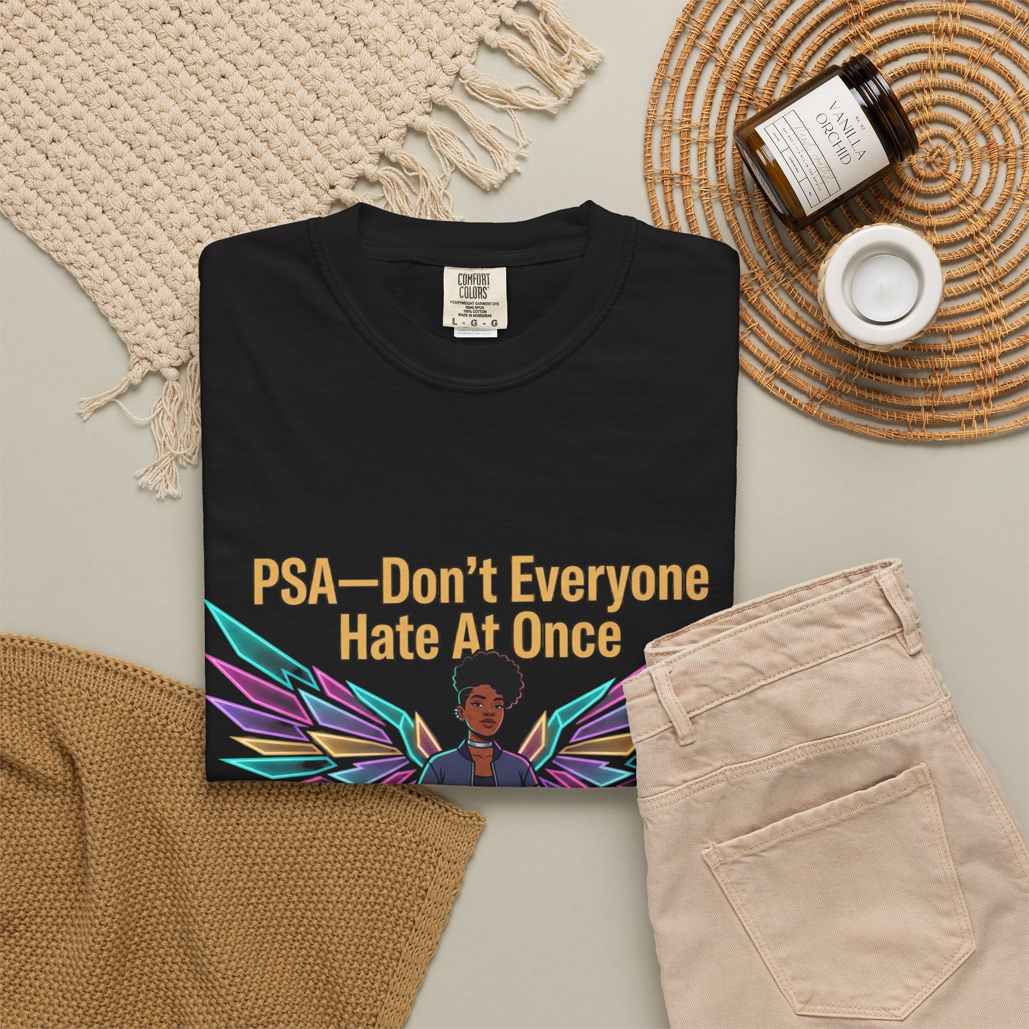 T-Shirt — PSA “Don't Everyone Hate At Once” Angel Wings Graphic Tee by Printify