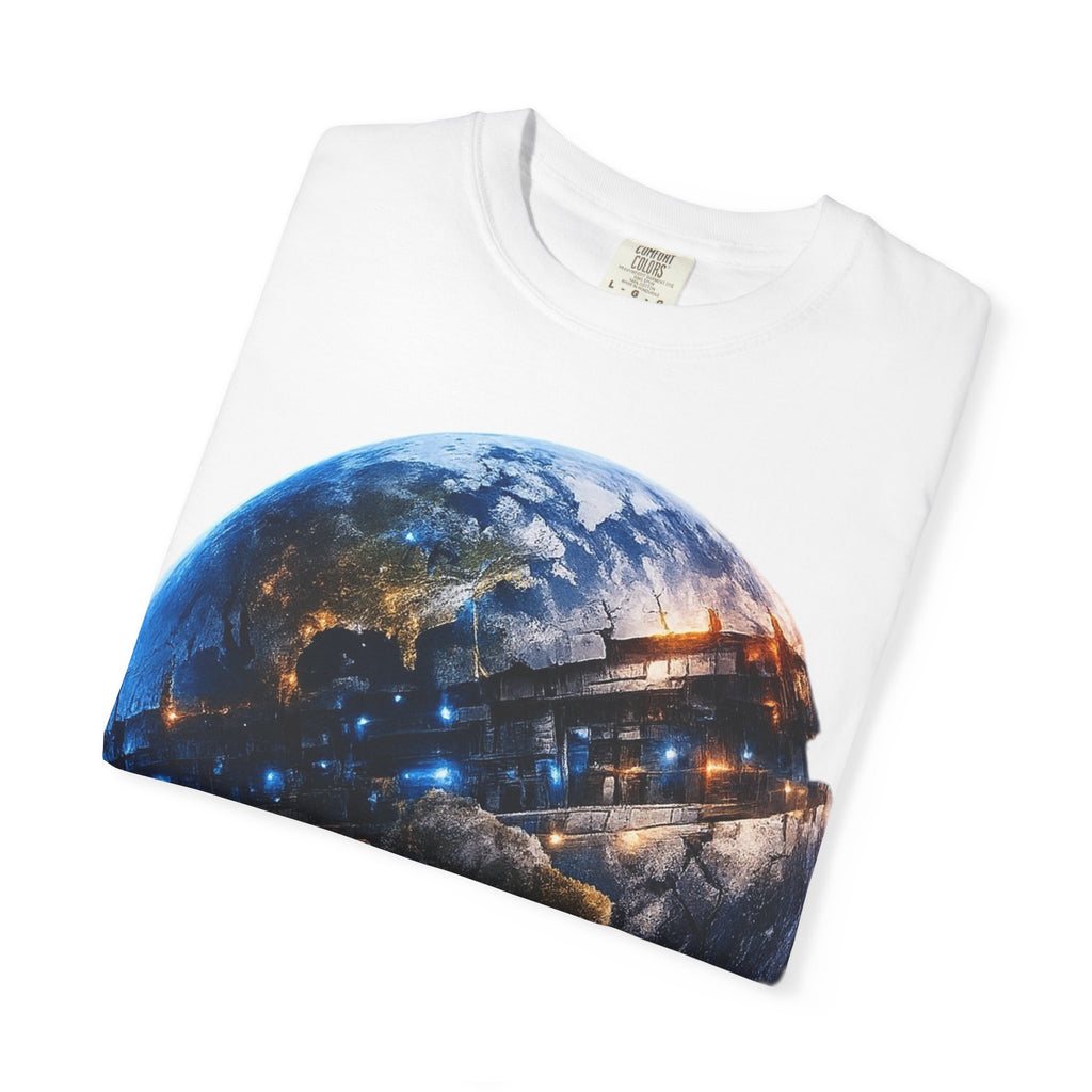 PRB Cityscape Globe T-shirt | Nighttime Earth Illustration, Urban Lights by Power Runs Black