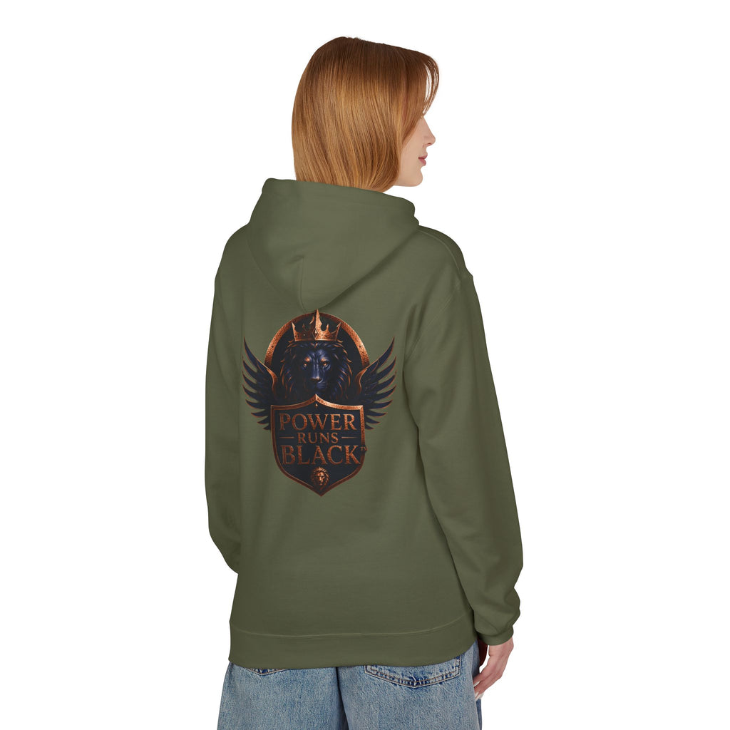Power Runs Black crest hoodie | medieval shield with lions and wings by Power Runs Black