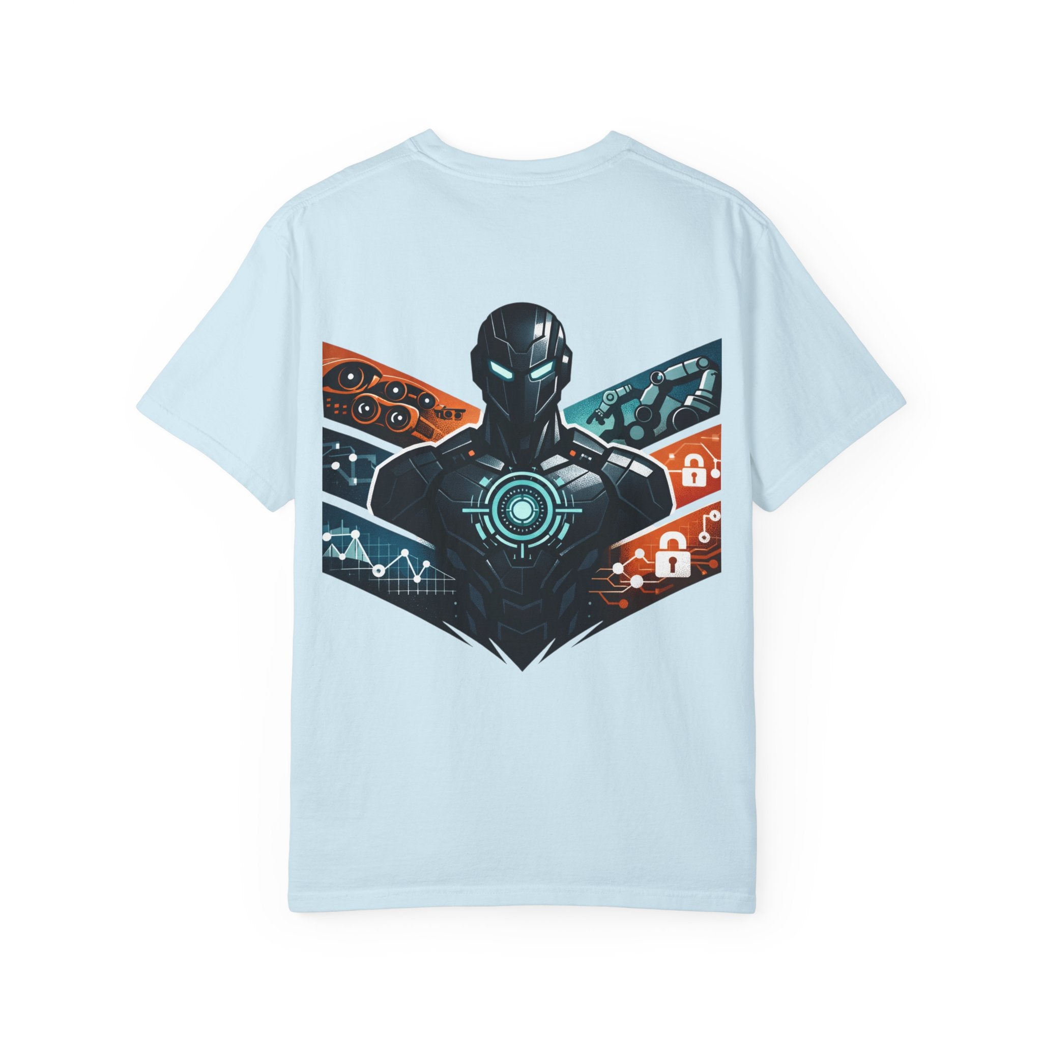 Power Runs Black Cyberframe Unit T-Shirt — Futuristic Tech Armor Graphic Tee by Power Runs Black