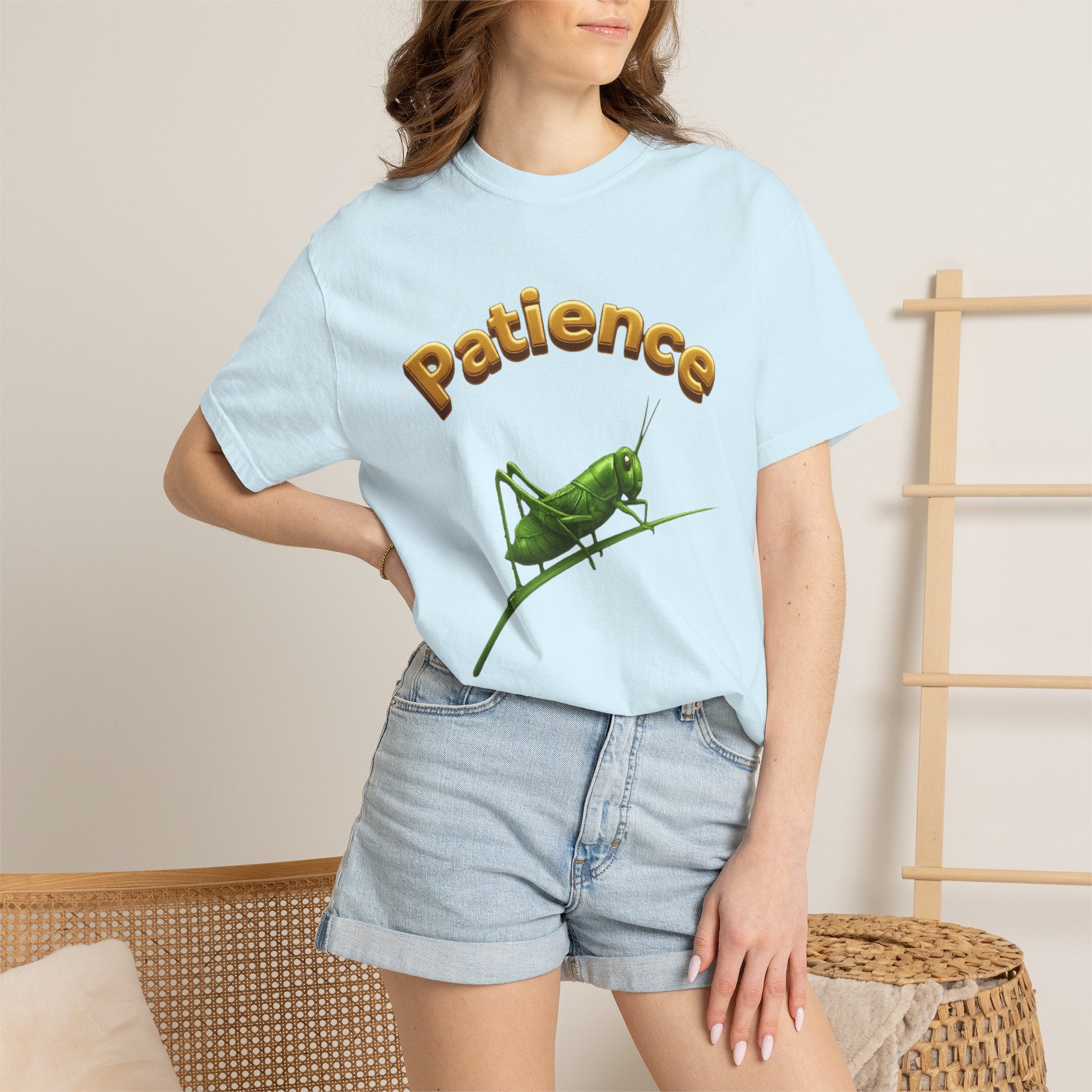 PRB Patience Grasshopper T-shirt | Green Grasshopper Illustration, Positive Quote by Printify
