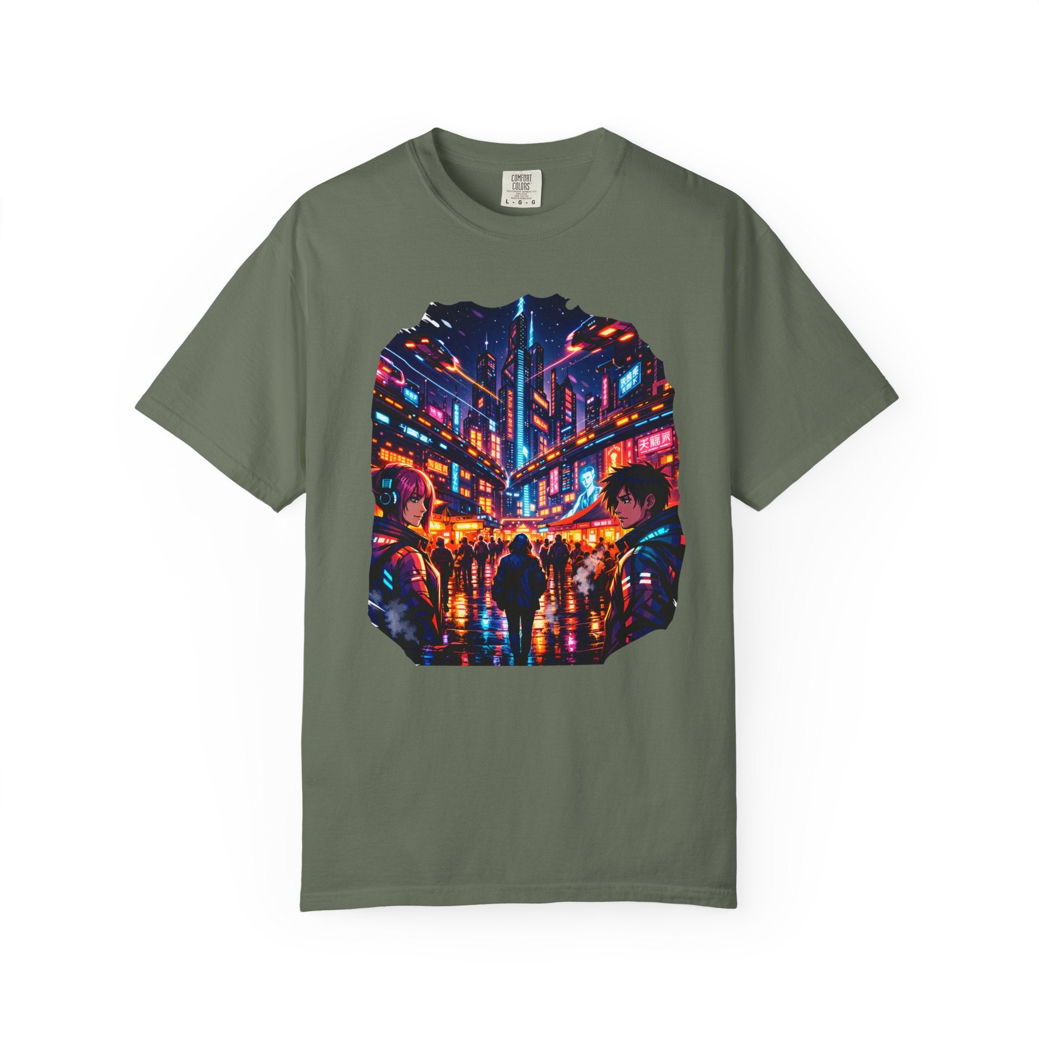 PRB Neon Cyberpunk Cityscape T-shirt | Anime Night Rain Streets by Power Runs Black