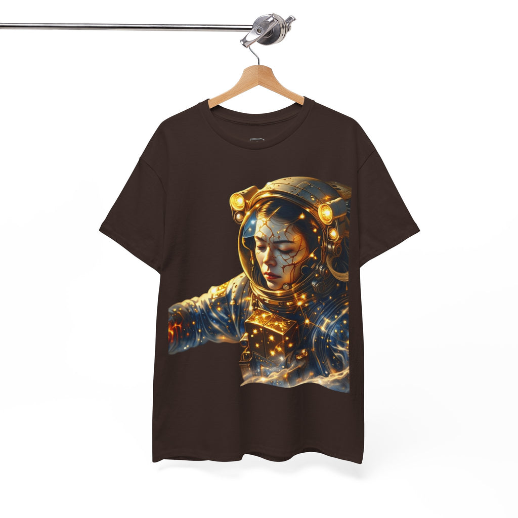 Power Runs Black PRB Golden Astronaut Portrait T-Shirt | Space Helmet Art, Cosmic Lights by Printify