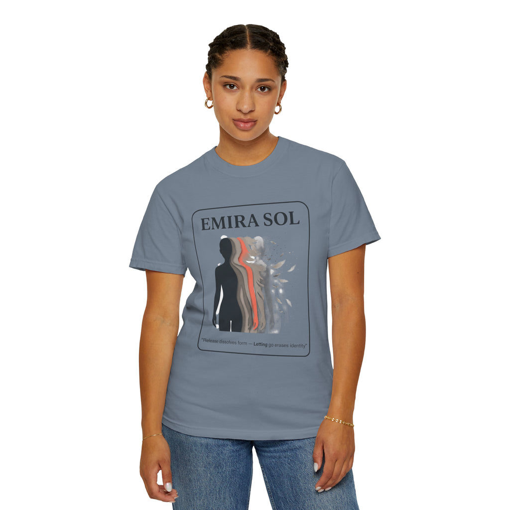 Power Runs Black PRB Emira Sol Graphic T-Shirt — Silhouette Art "Release Shadows" Tee by Printify