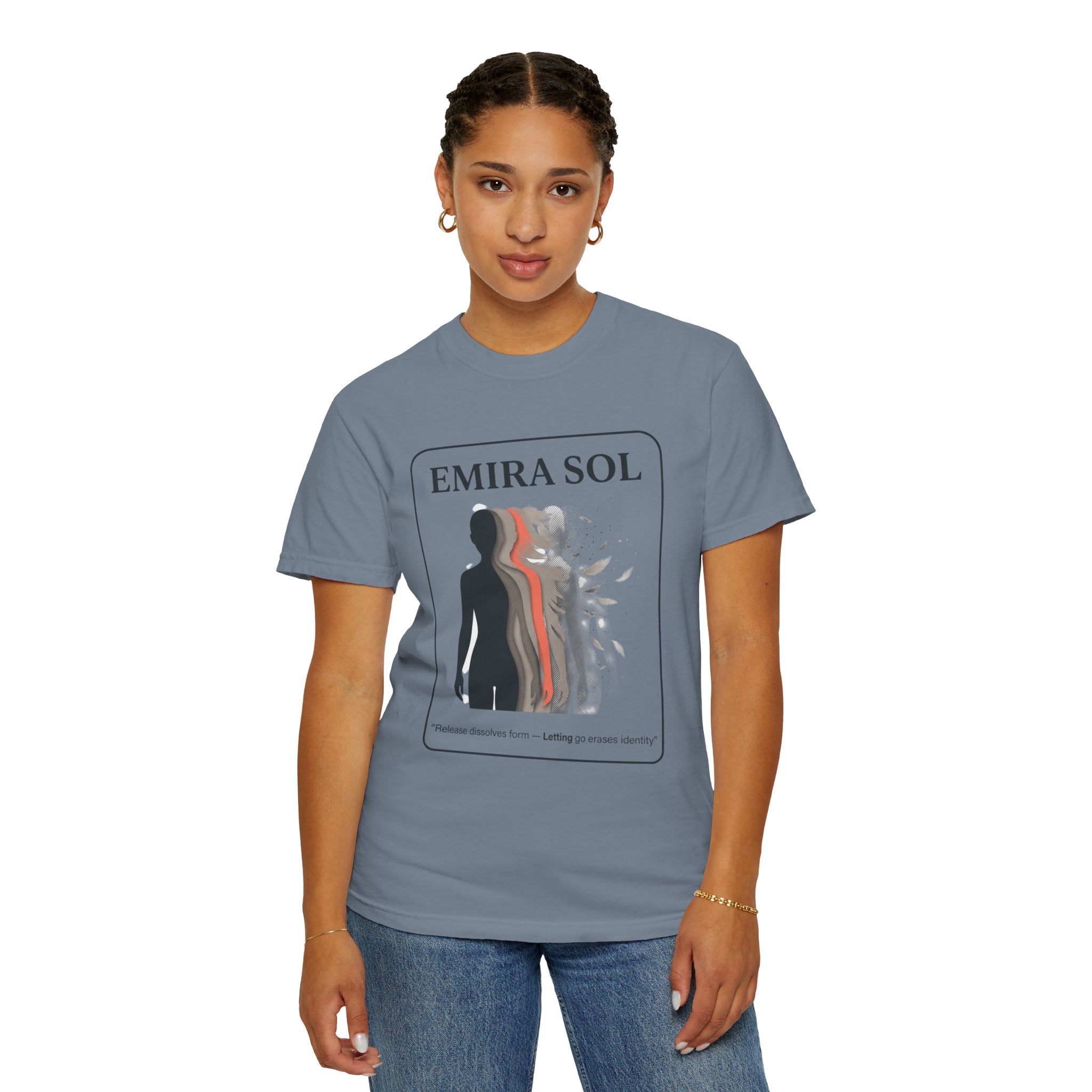 Power Runs Black PRB Emira Sol Graphic T-Shirt — Silhouette Art "Release Shadows" Tee by Printify