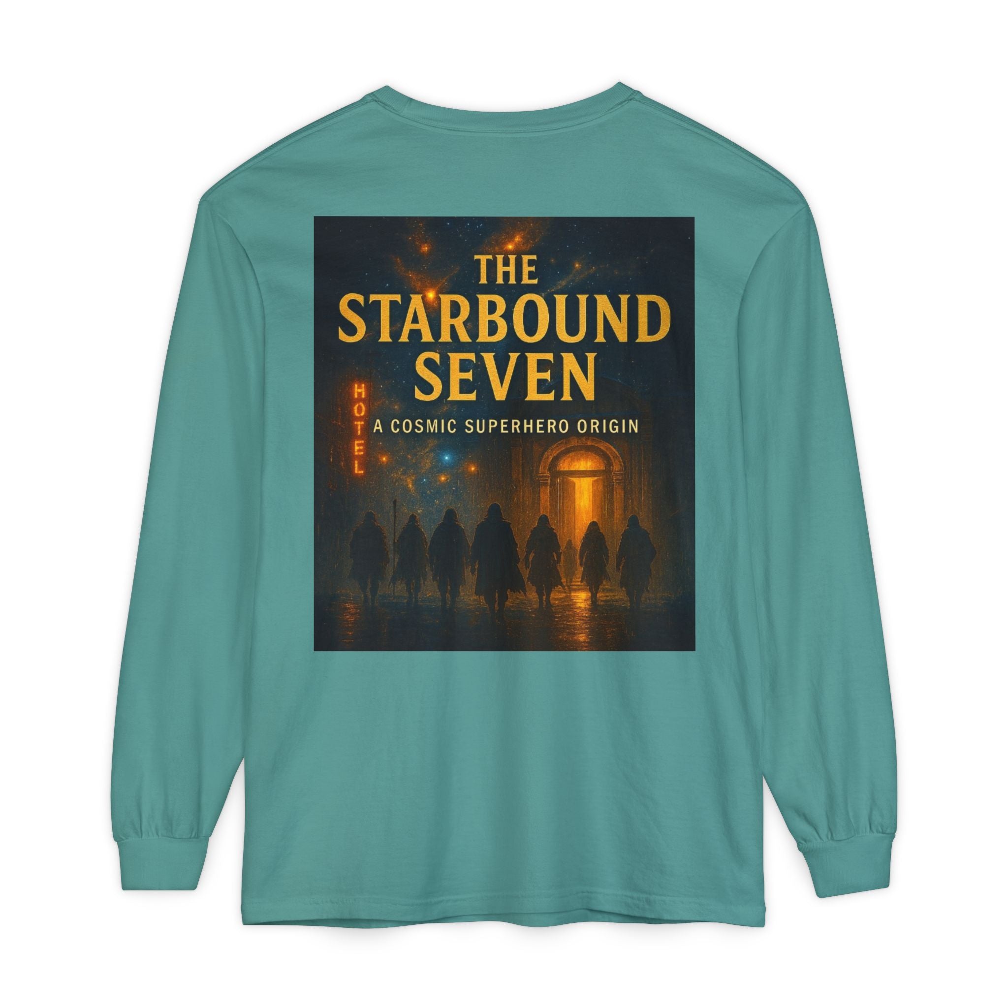PRB The Starbound Seven graphic long sleeve shirt | cosmic superhero poster by Power Runs Black