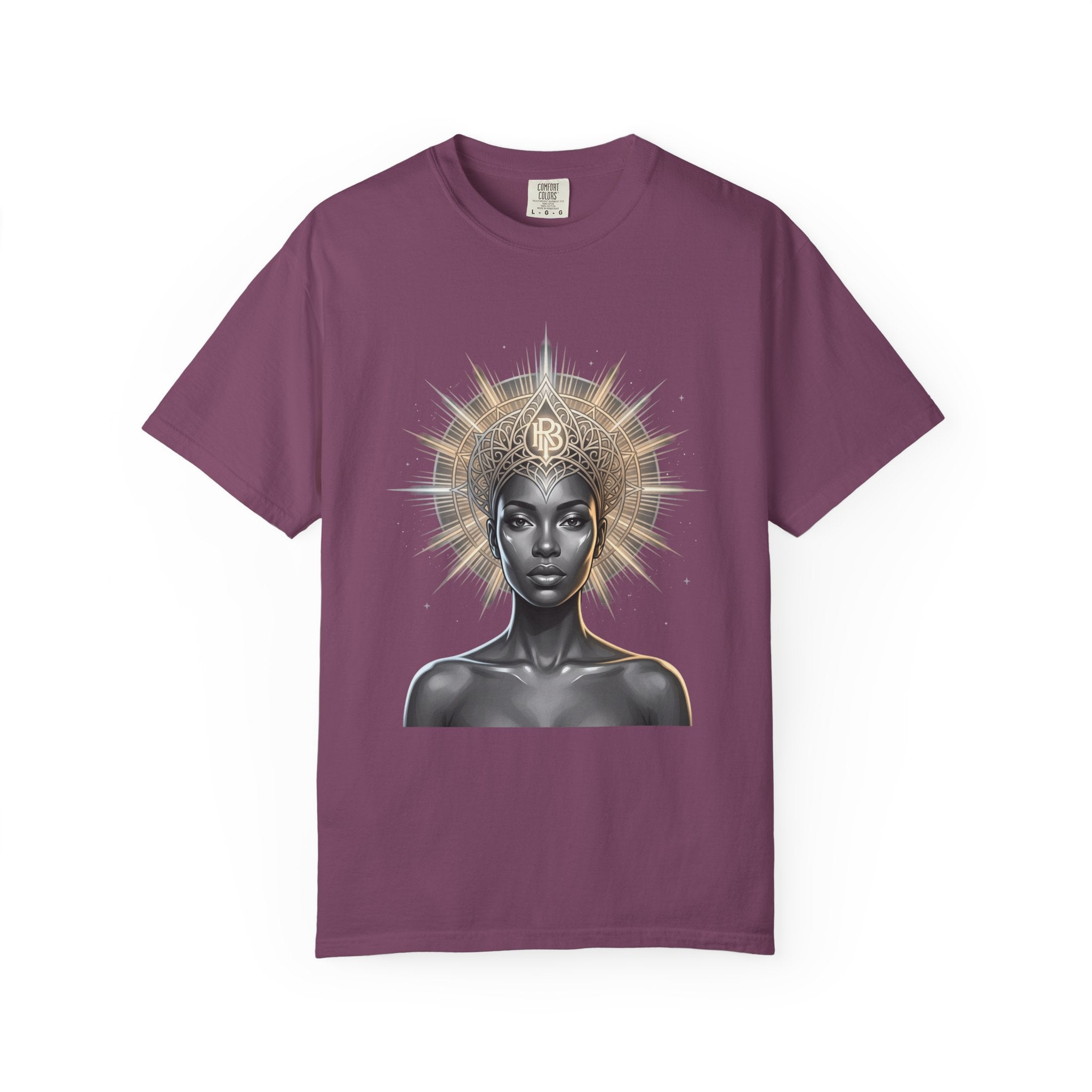 Printify PRB Goddess Halo T‑Shirt — Black Goddess Portrait with Ornate Gold Headdress - T-Shirt