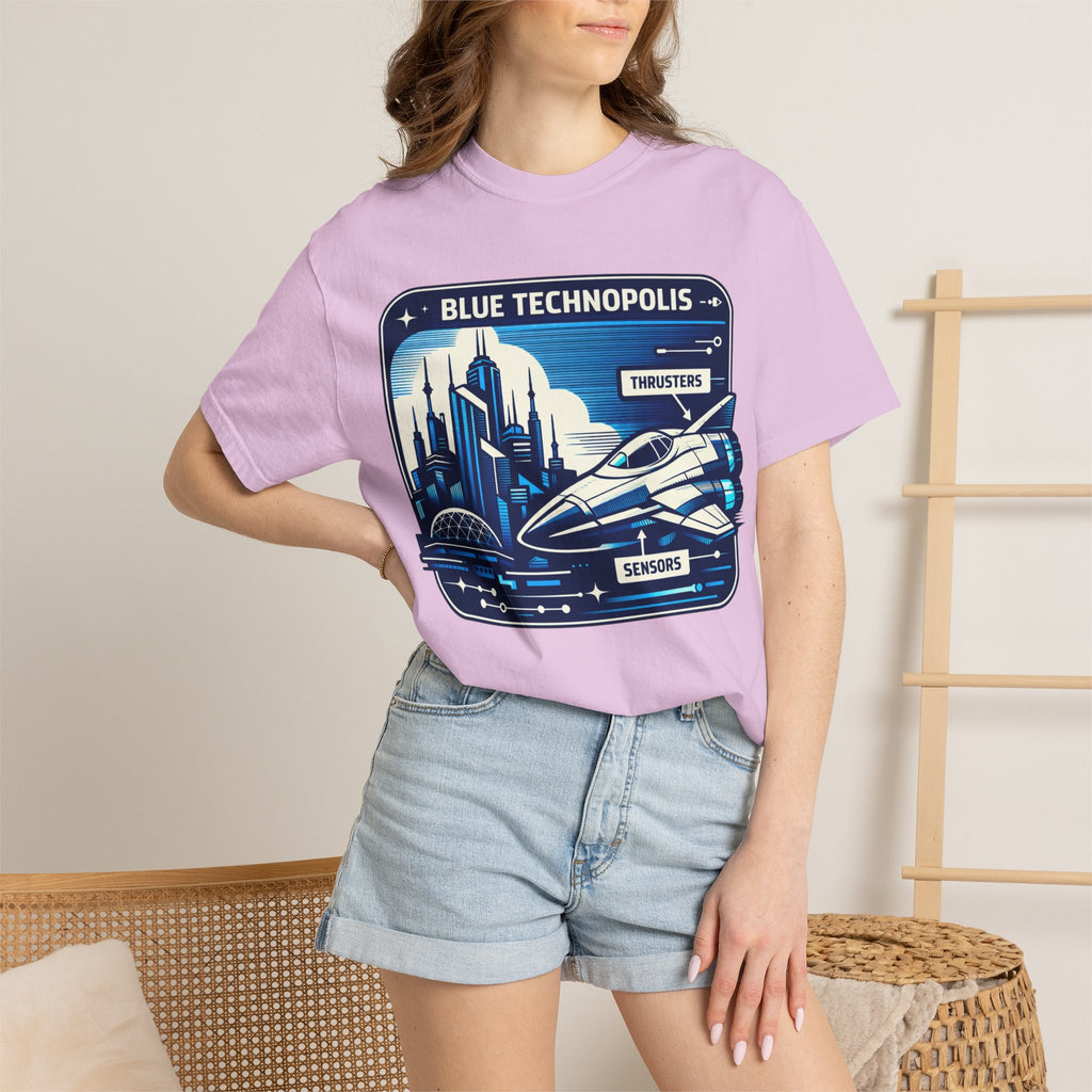 Power Runs Black PRB Technopolis Spacecraft T-Shirt — Blue Technopolis Retro Sci‑Fi Tee by Power Runs Black