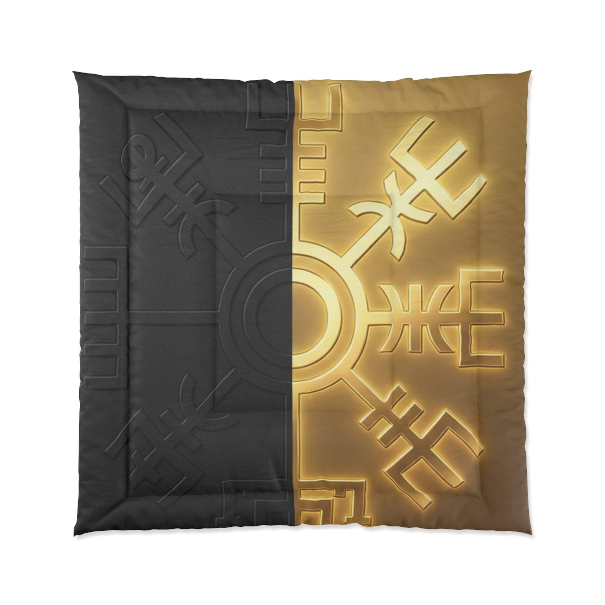 Power Runs Black PRB Gold & Black Nordic Rune Comforter – Viking Symbol Duvet Cover by Printify
