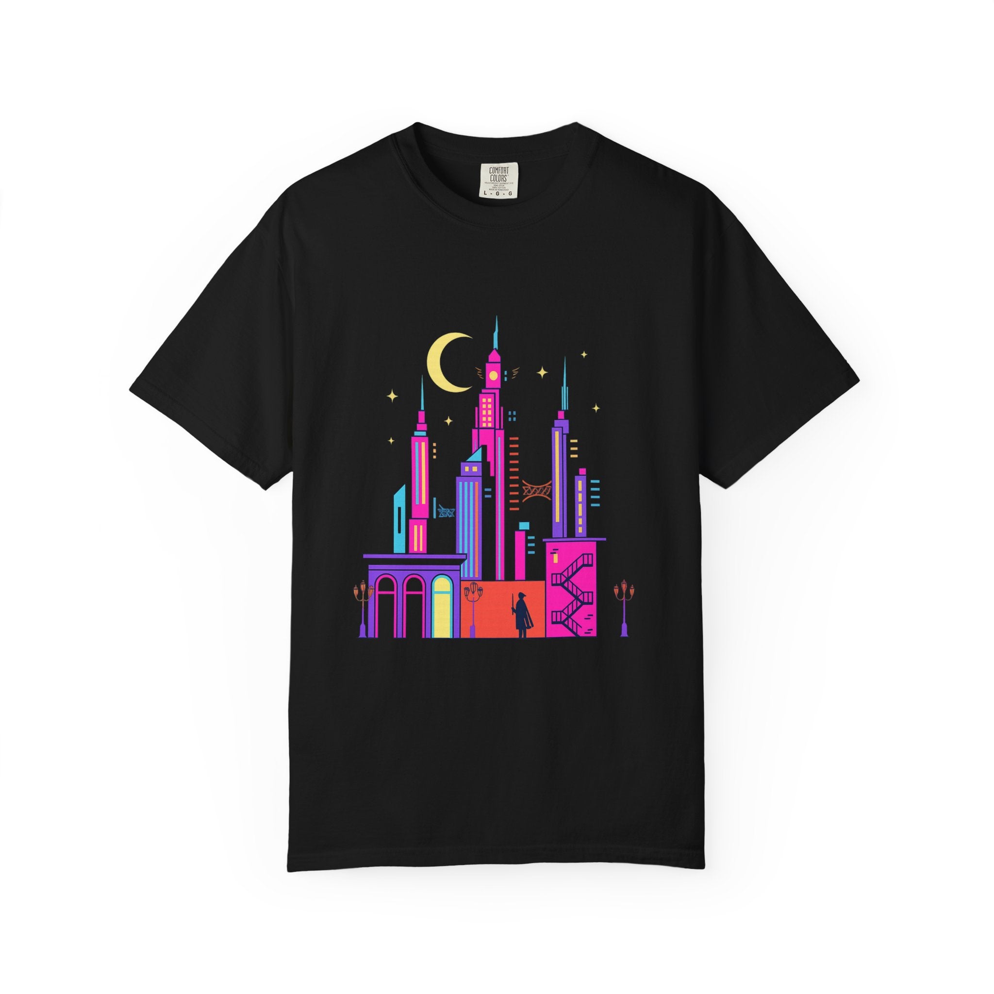 Power Runs Black PRB Neon City Skyline T-shirt | Vibrant Urban Nightscape Tee by Printify