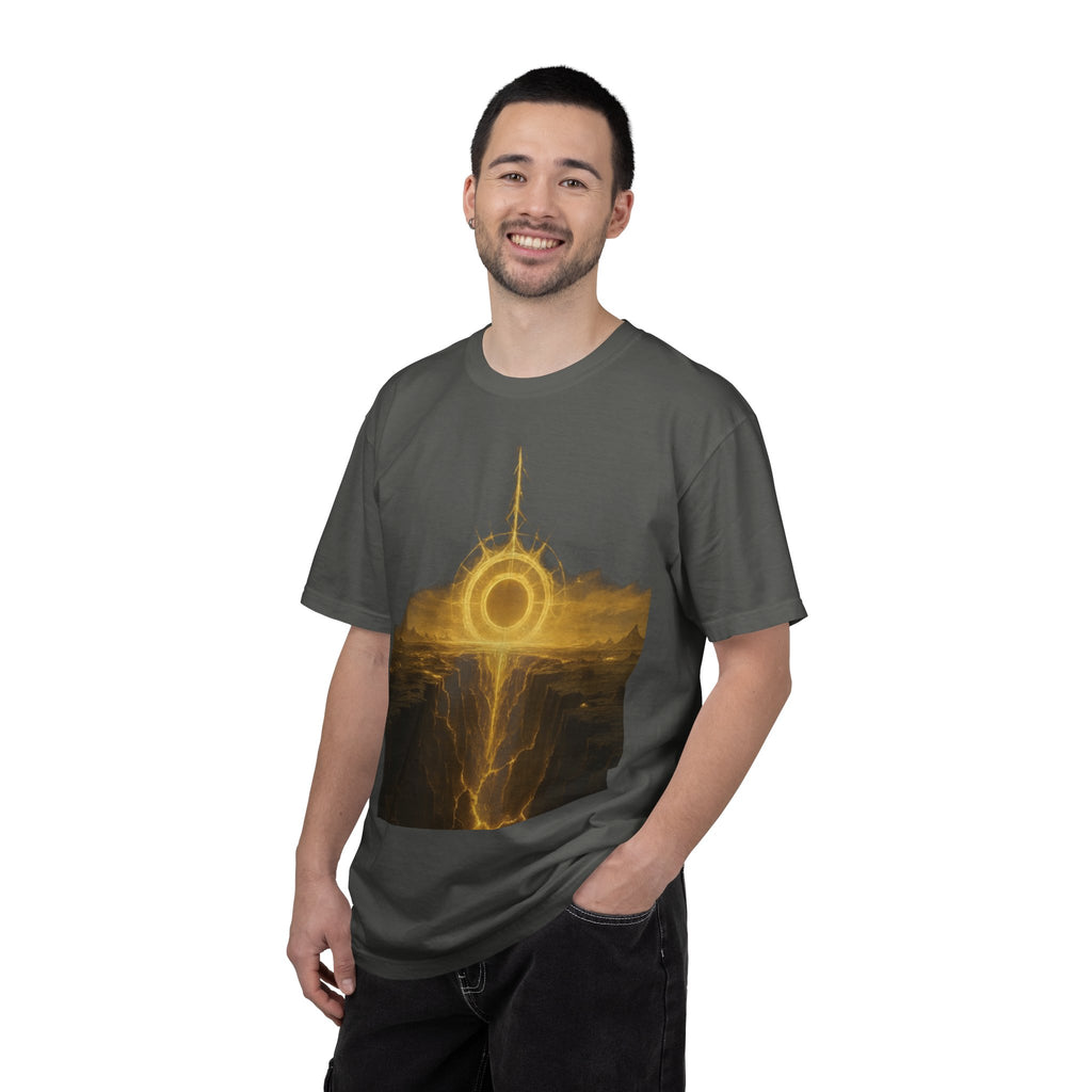 Power Runs Black PRB Golden Eclipse Portal T-shirt | Fantasy Landscape, Mystic Ring, Tower Art by Power Runs Black