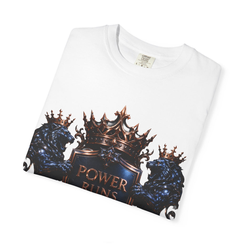 Power Runs Black Crest T-shirt | Heraldic Lion Shield Tee by Power Runs Black