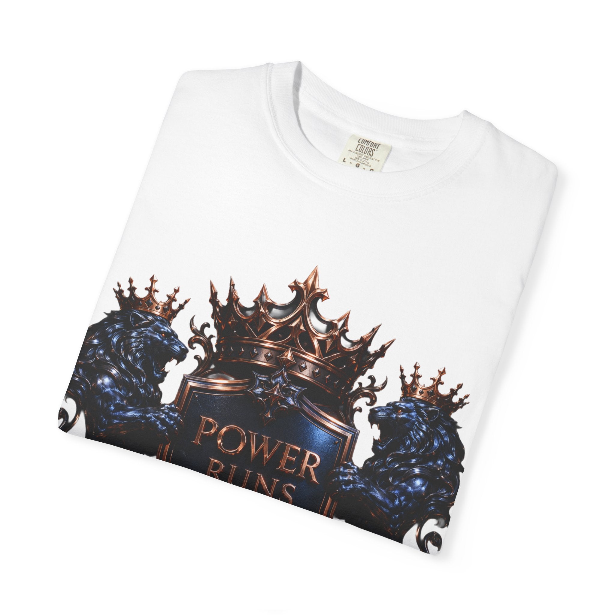 Power Runs Black Crest T-shirt | Heraldic Lion Shield Tee by Power Runs Black