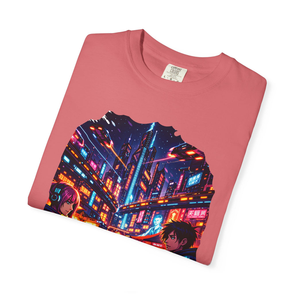 PRB Neon Cyberpunk Cityscape T-shirt | Anime Night Rain Streets by Power Runs Black