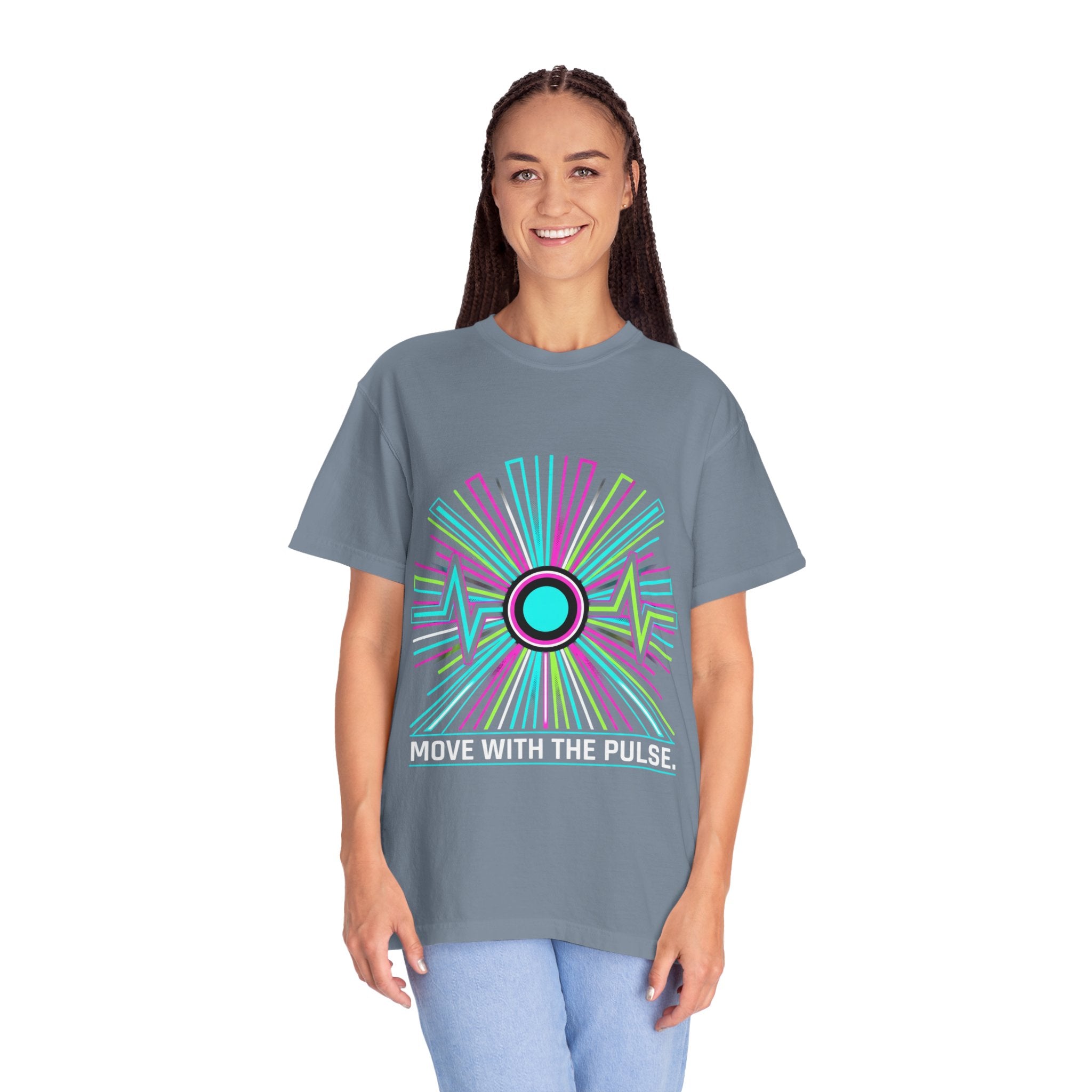 Power Runs Black PRB Electric "Move With Pulse" Graphic T-Shirt — Neon Sunburst Design by Power Runs Black