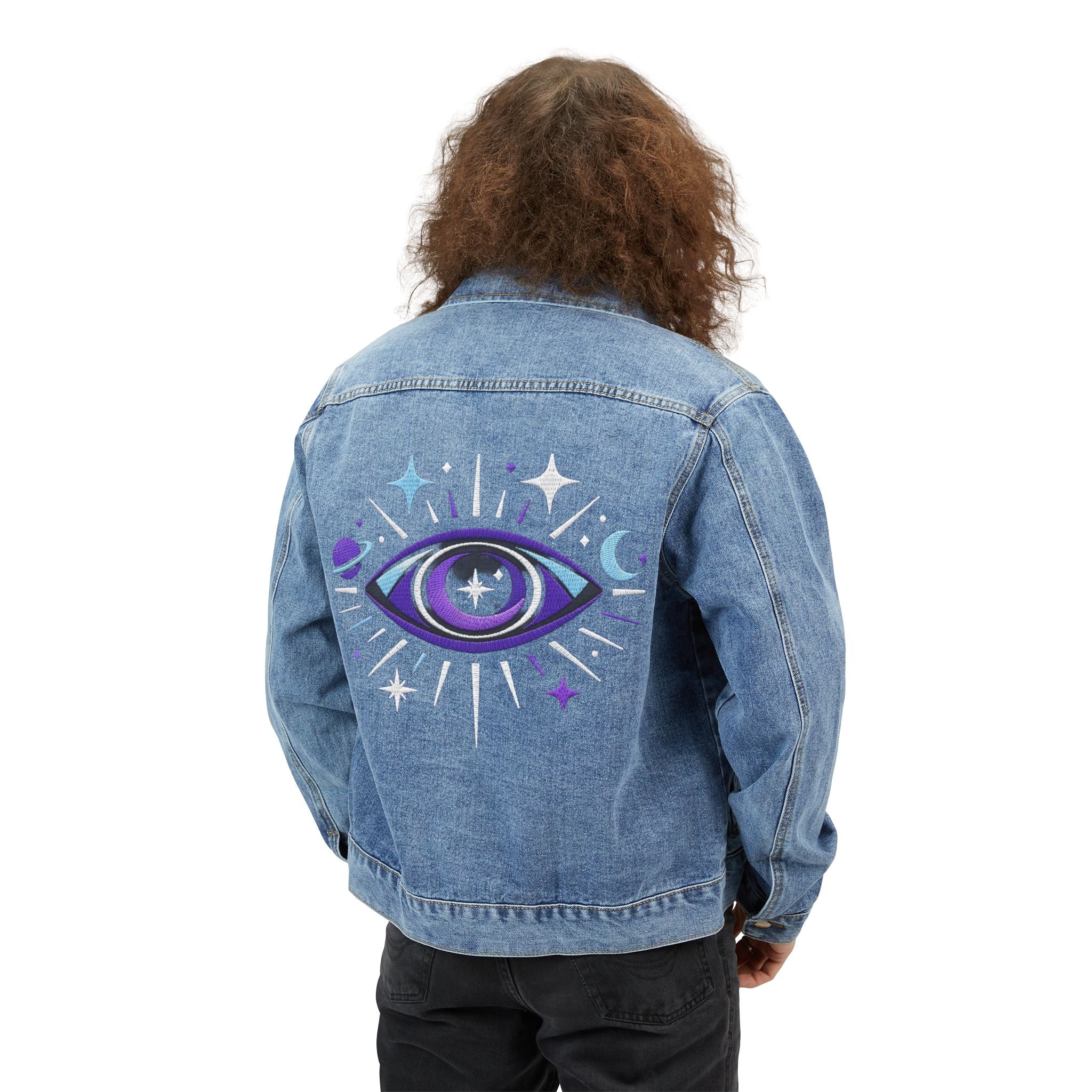 Power Runs Black PRB Cosmic All-Seeing Eye Men's Denim Jacket | Space, Stars, Moon by Power Runs Black