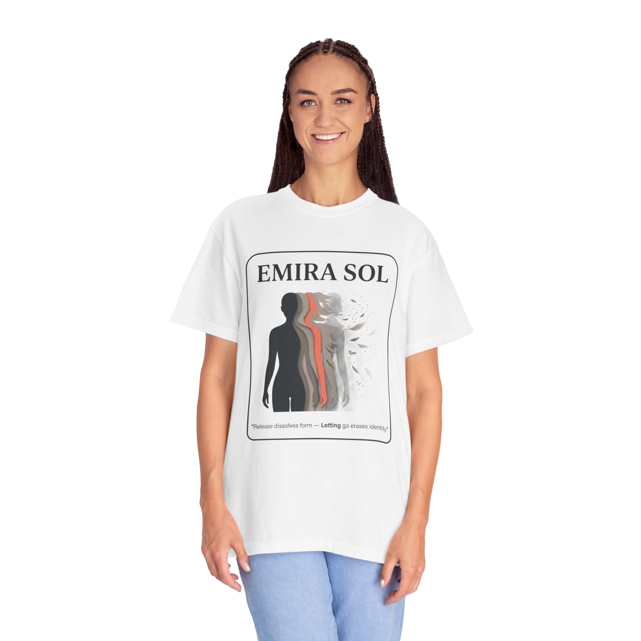 Power Runs Black PRB Emira Sol Graphic T-Shirt — Silhouette Art "Release Shadows" Tee by Printify