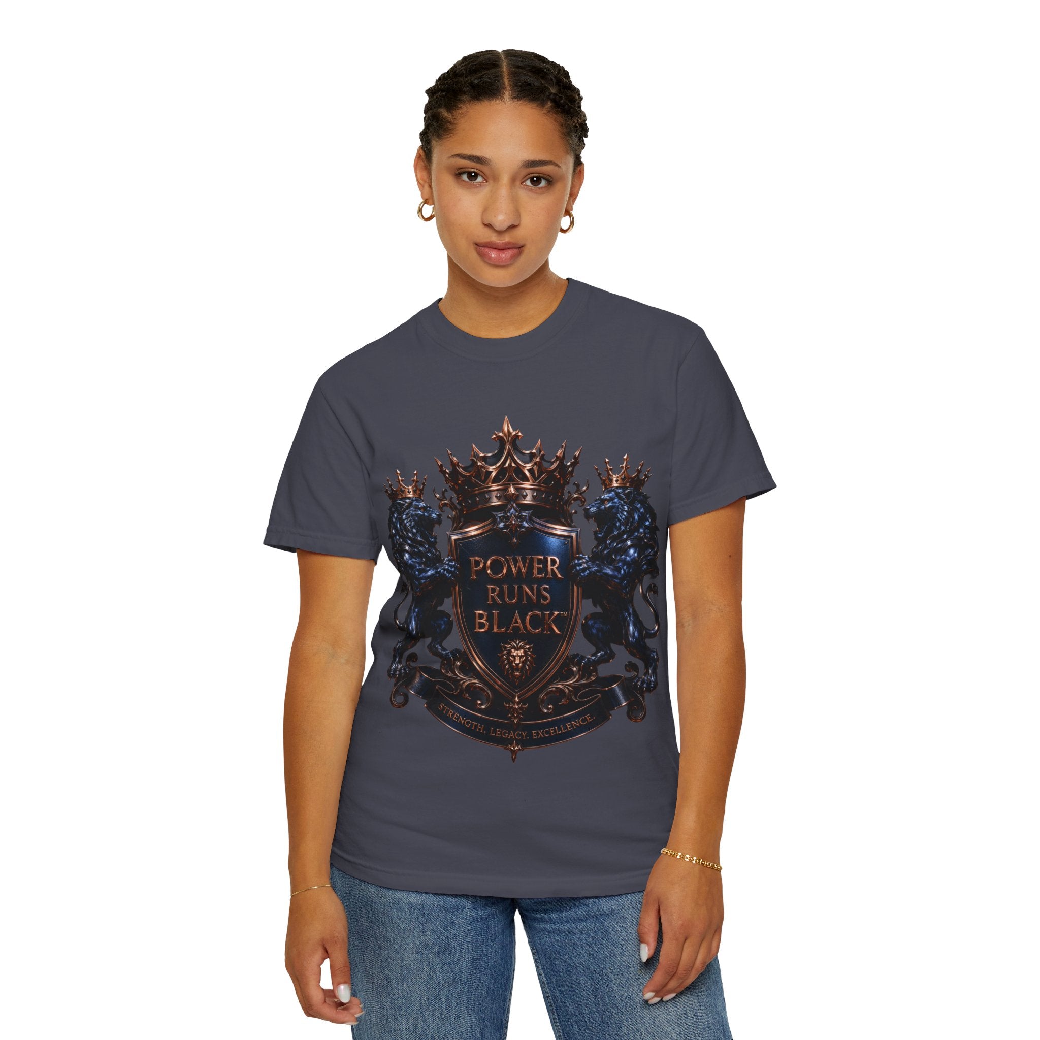 Power Runs Black Crest T-shirt | Heraldic Lion Shield Tee by Power Runs Black