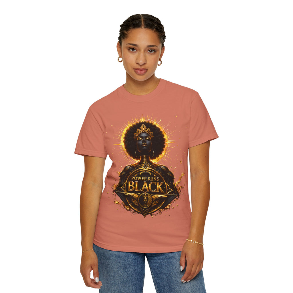 Power Runs Black goddess illustration T-Shirt | Afrocentric black pride design by Power Runs Black