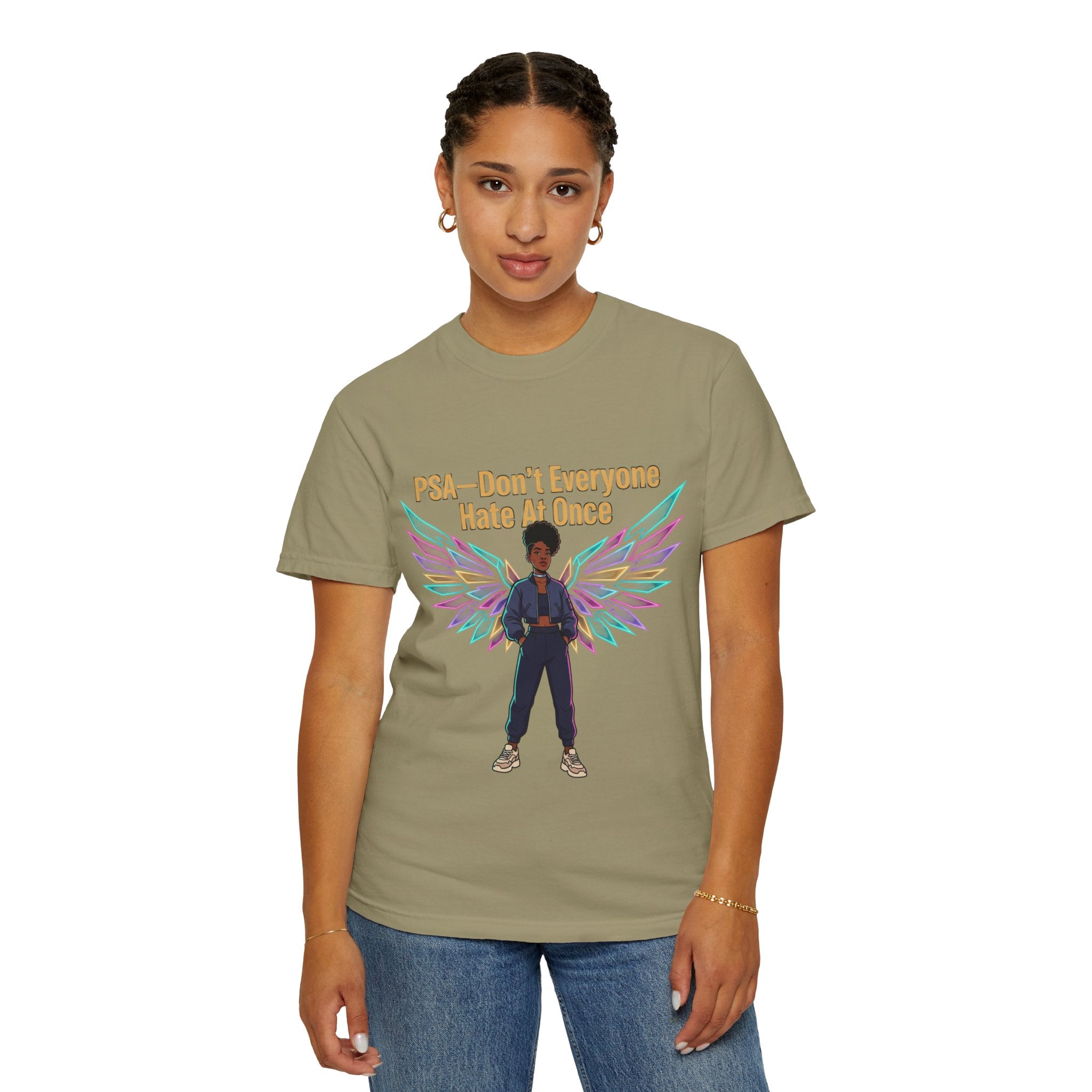 T-Shirt — PSA “Don't Everyone Hate At Once” Angel Wings Graphic Tee by Printify