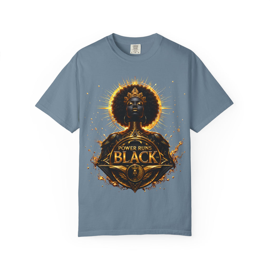 Power Runs Black goddess illustration T-Shirt | Afrocentric black pride design by Power Runs Black