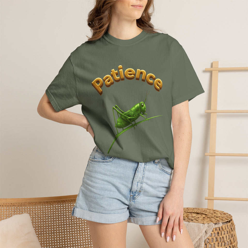 PRB Patience Grasshopper T-shirt | Green Grasshopper Illustration, Positive Quote by Power Runs Black